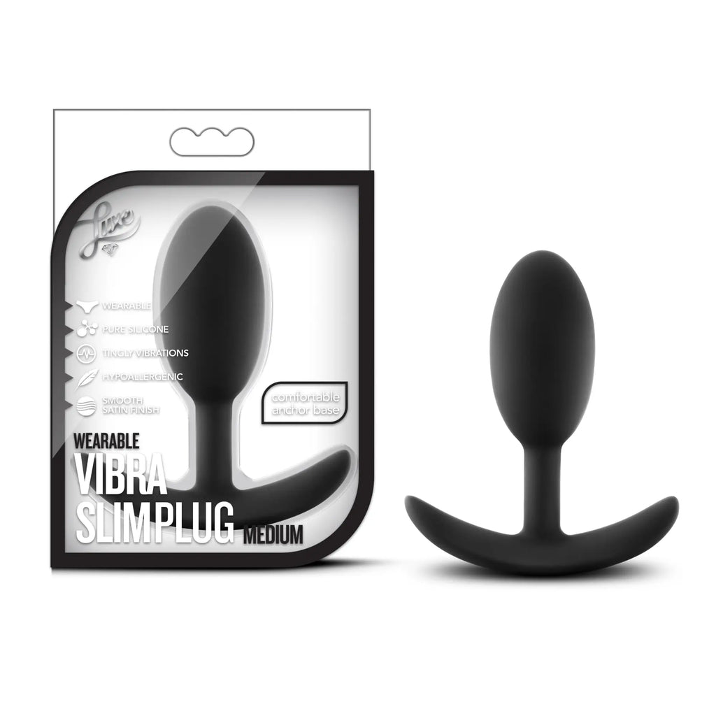 Black silicone wearable vibra slim plug medium with smooth satin finish and anchor base for discreet stimulation
