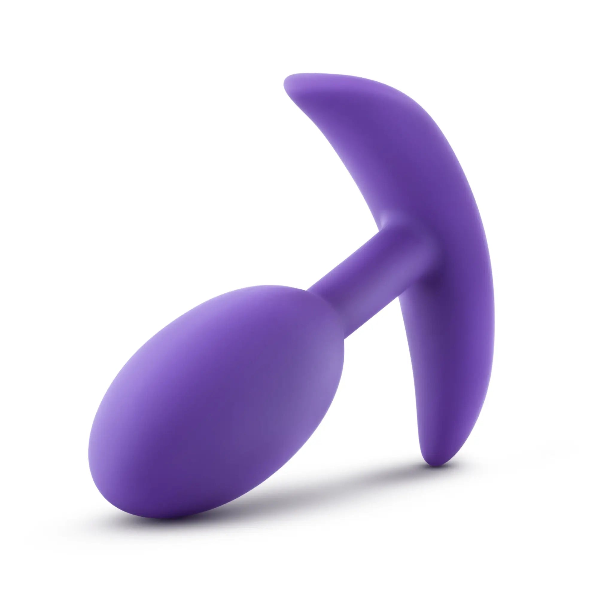 Purple silicone anal plug with smooth rounded head and curved handle from luxe luxe wearable vibra slim plug medium