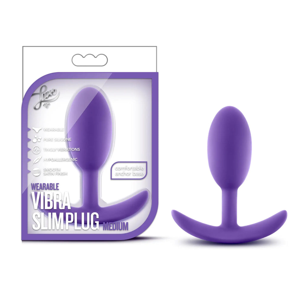 Purple silicone wearable vibratable plug with curved anchor base for discreet pleasure in luxe luxe wearable vibra slim plug medium