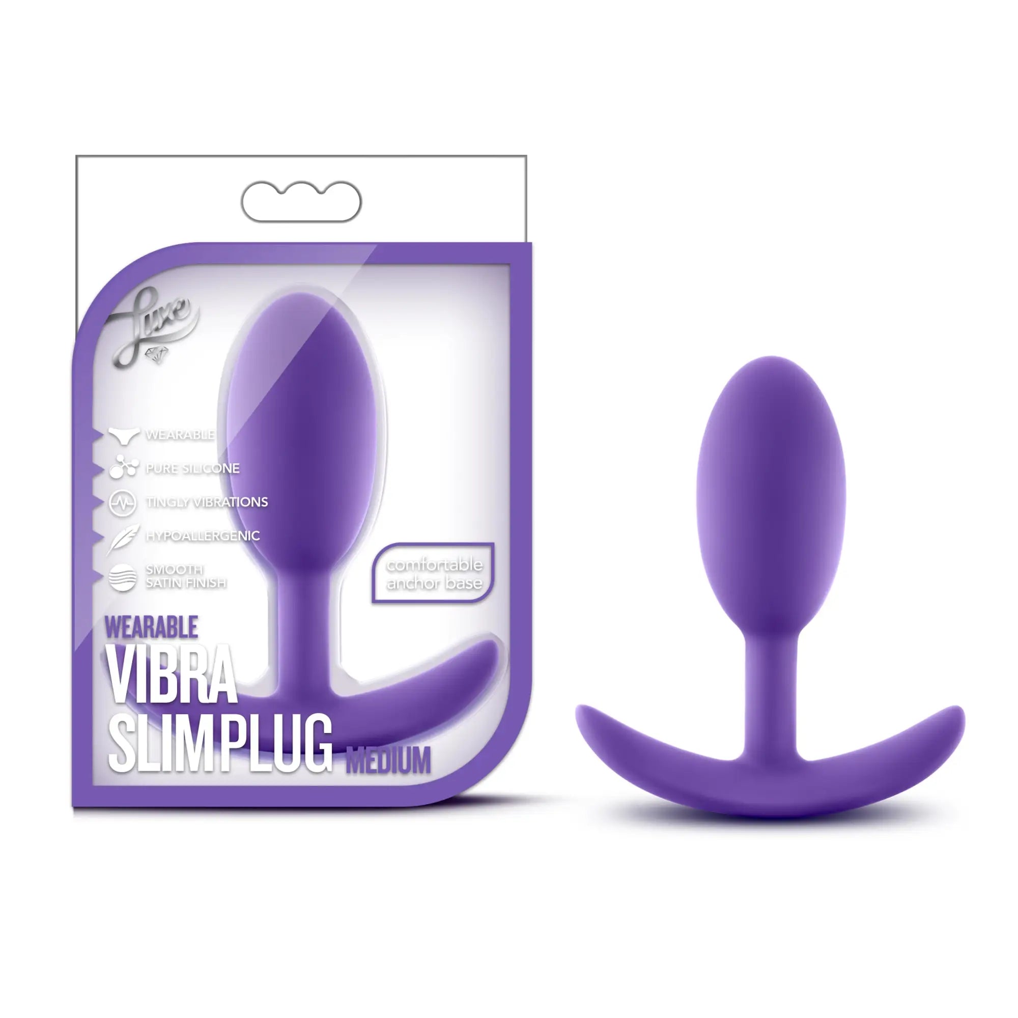 Purple silicone wearable vibratable plug with curved anchor base for discreet pleasure in luxe luxe wearable vibra slim plug medium