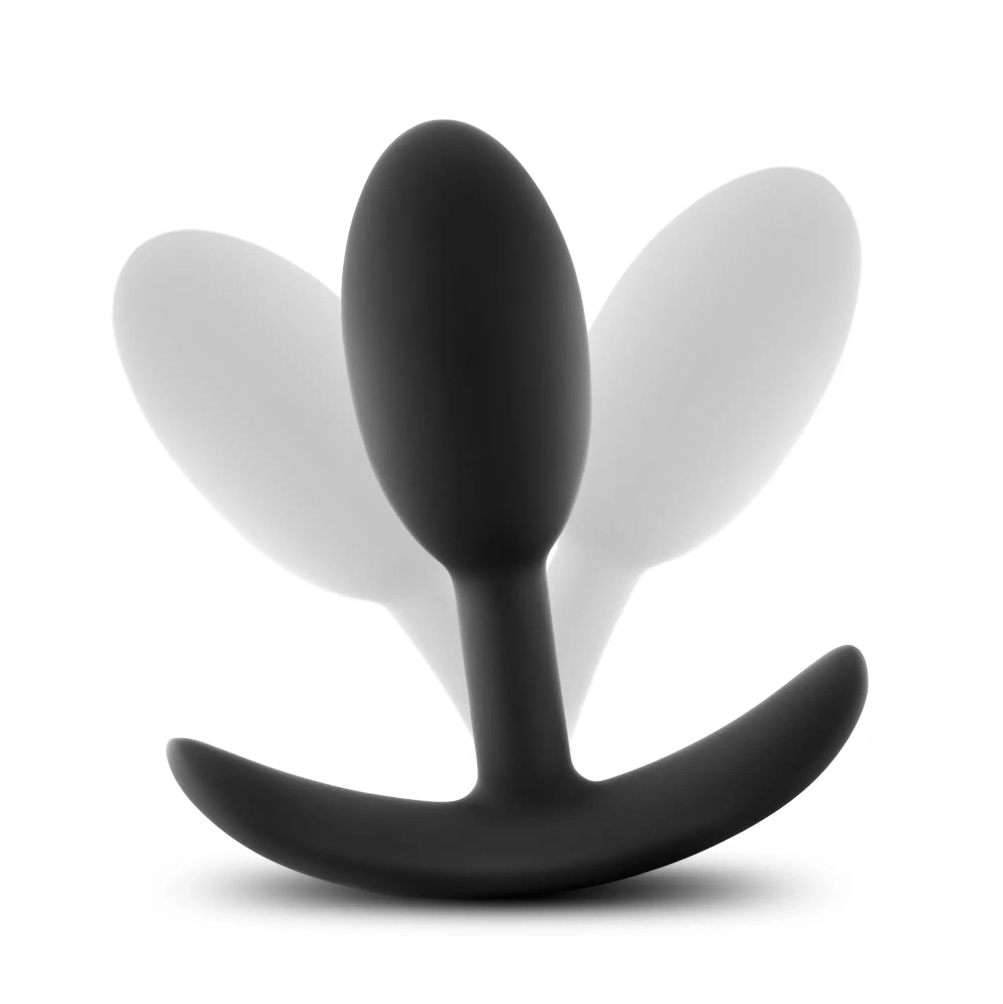 Black silicone Luxe Luxe wearable vibra slim plug small with curved base and translucent wings shown from the back side