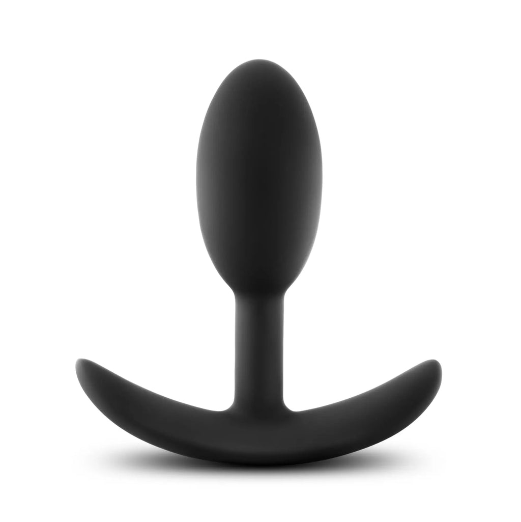 Black silicone Luxe Luxe wearable vibra slim anal plug small with curved ergonomic base shown from the back side