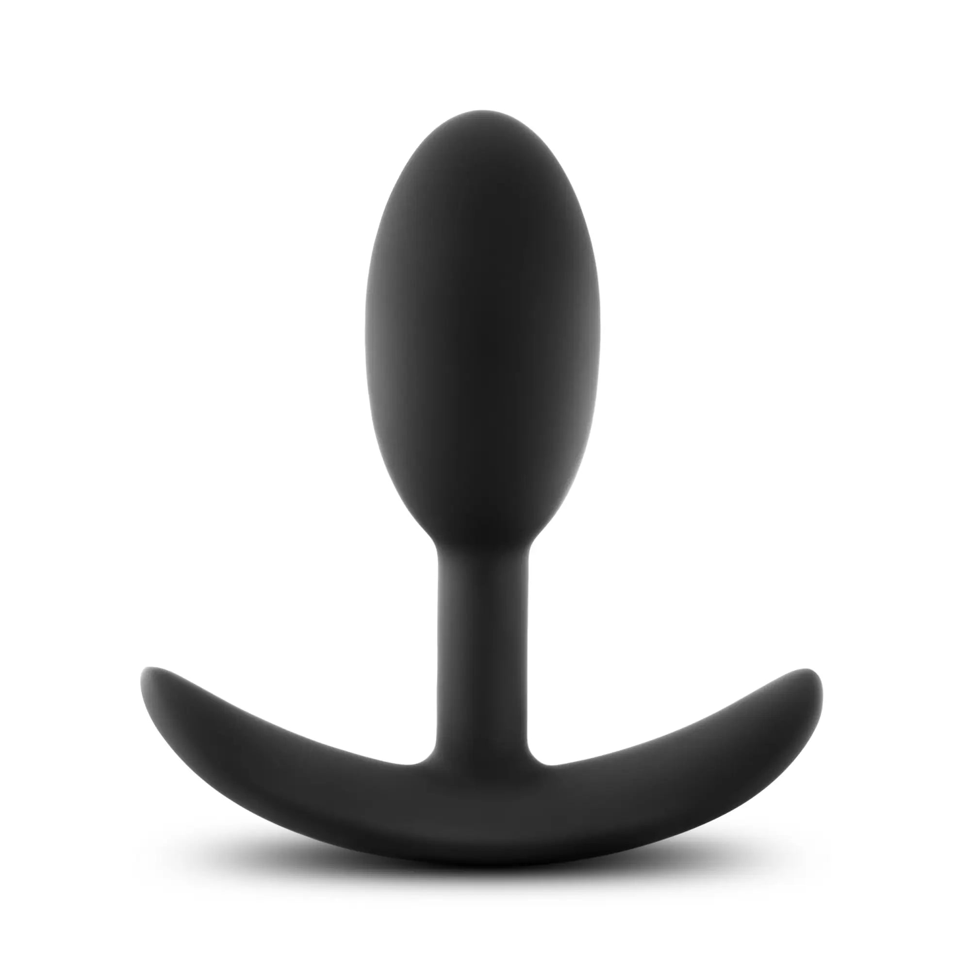 Black silicone Luxe Luxe wearable vibra slim anal plug small with curved ergonomic base shown from the back side