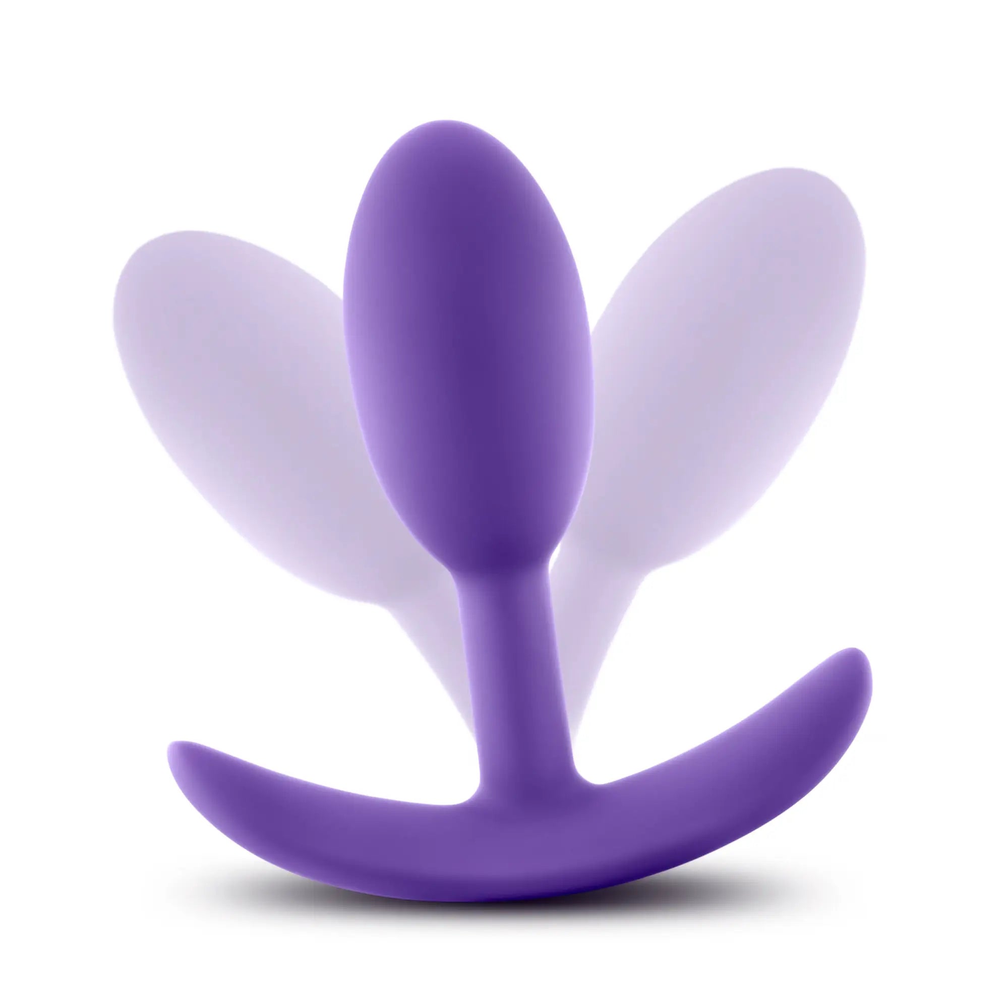 Purple silicone luxe wearable vibra slim plug small with three wing-like flaps and a curved base