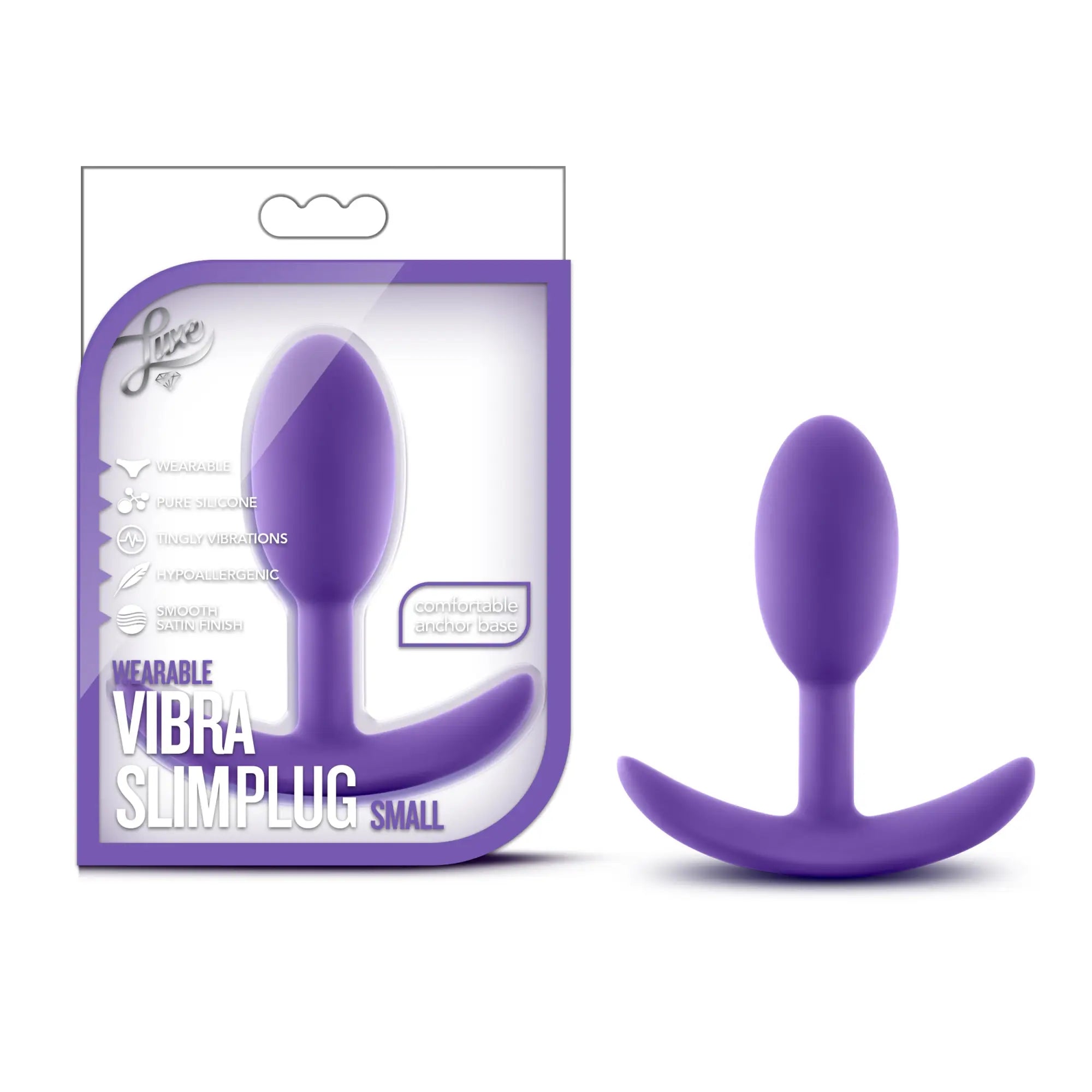 Purple silicone wearable vibra slim plug small with curved anchor base for discreet hands-free vibration pleasure