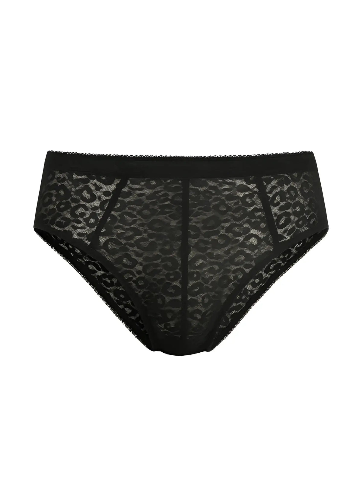 Black leopard-print lace briefs with solid black waistband luxury lace brief front view