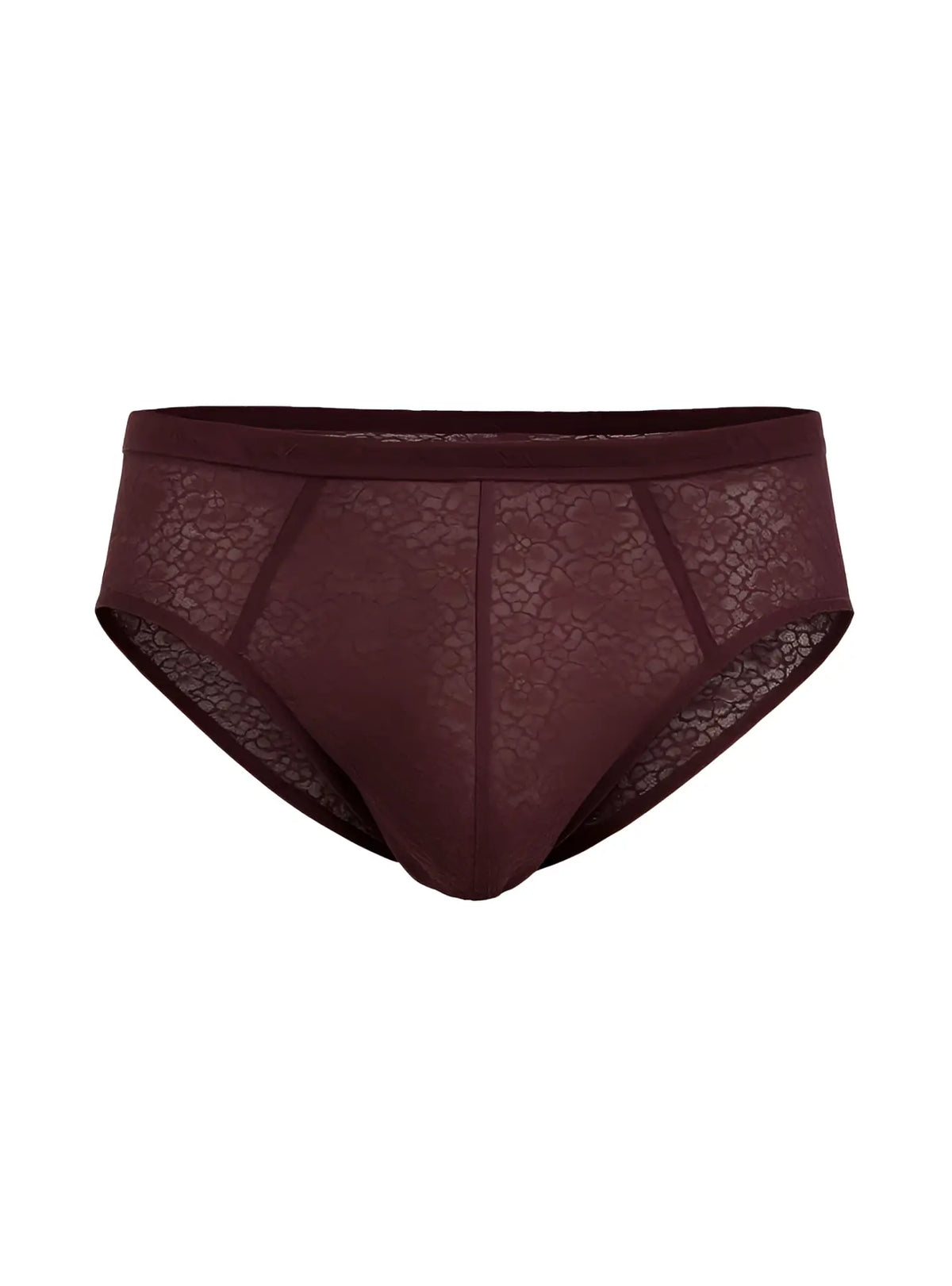 Luxury lace brief maroon lace briefs with delicate floral pattern and seamless construction front view