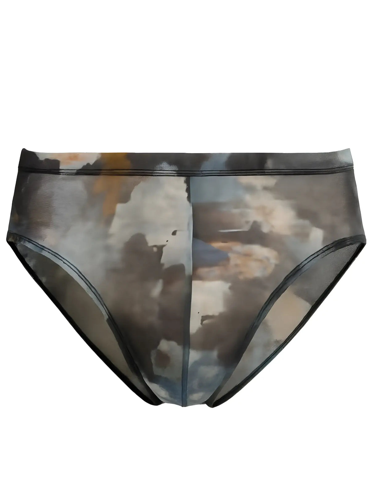 Luxury lace brief translucent mesh with abstract watercolor print in muted grays blues earthy tones and black trim