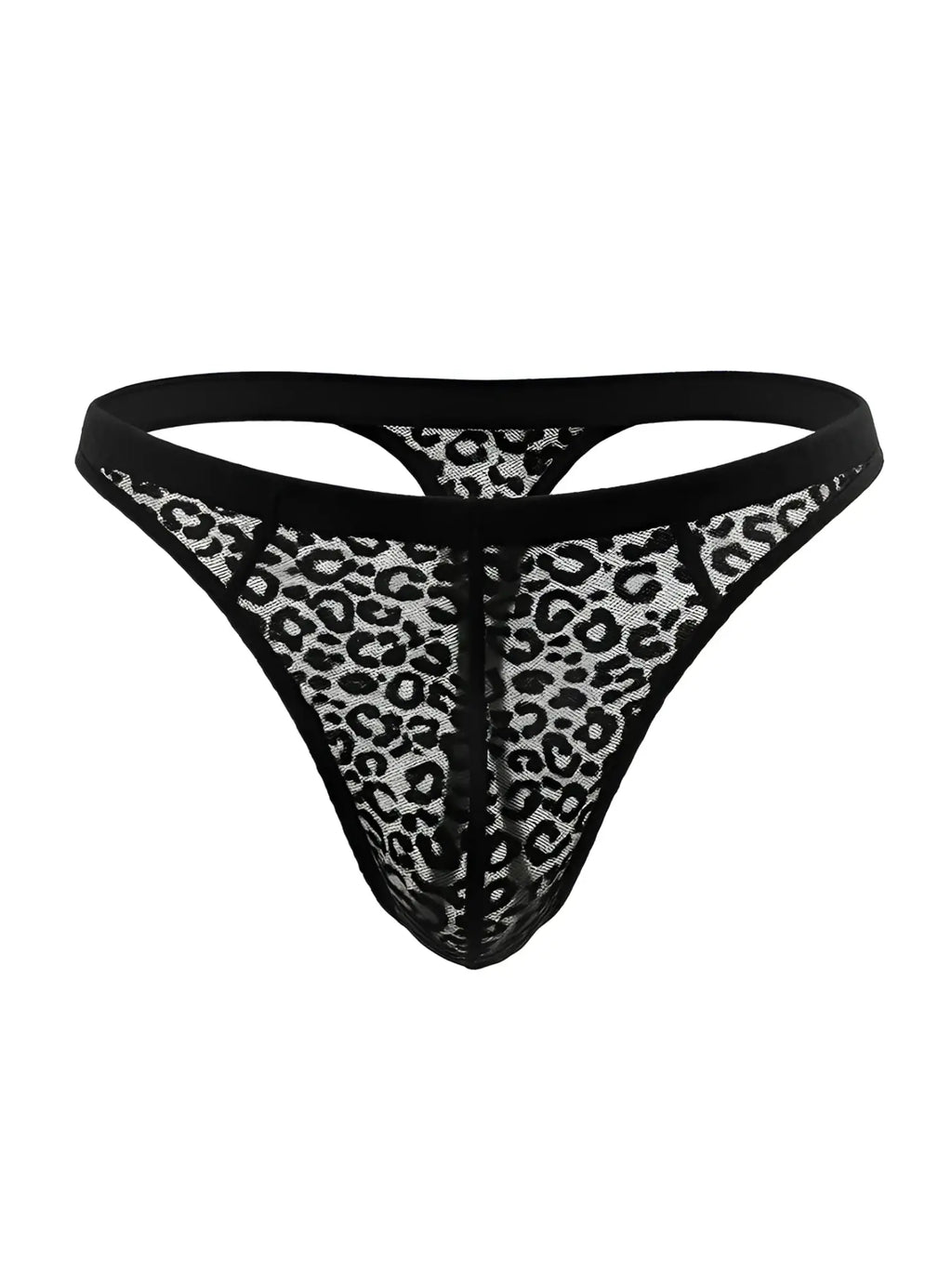 Luxury lace thong in black leopard-print lace with sheer mesh texture and reinforced elastic waistband shown from the back