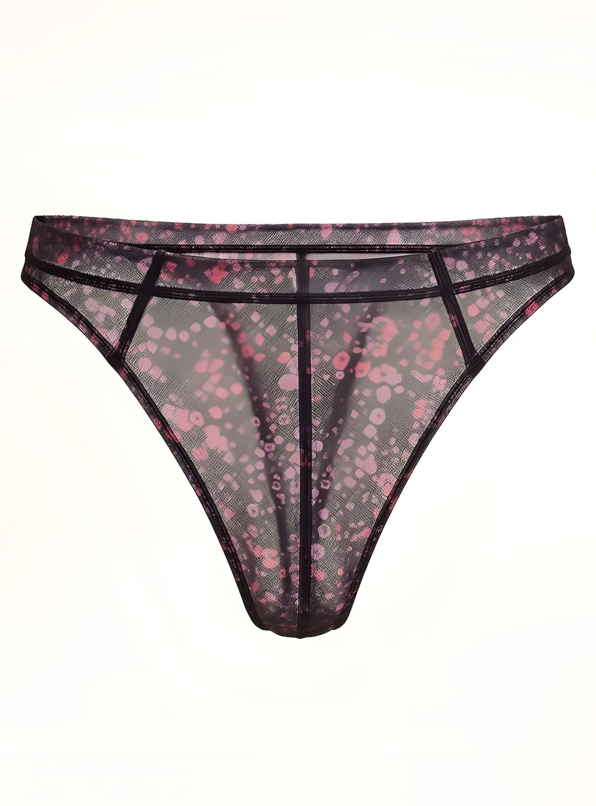 Luxury lace thong black mesh with pink floral pattern and reinforced black trim shown from the back side
