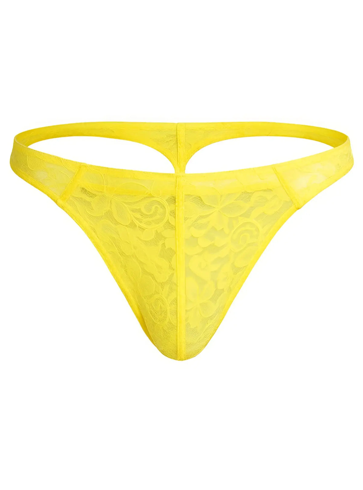 Luxury lace thong in bright yellow with delicate floral lace pattern and supportive seamless design