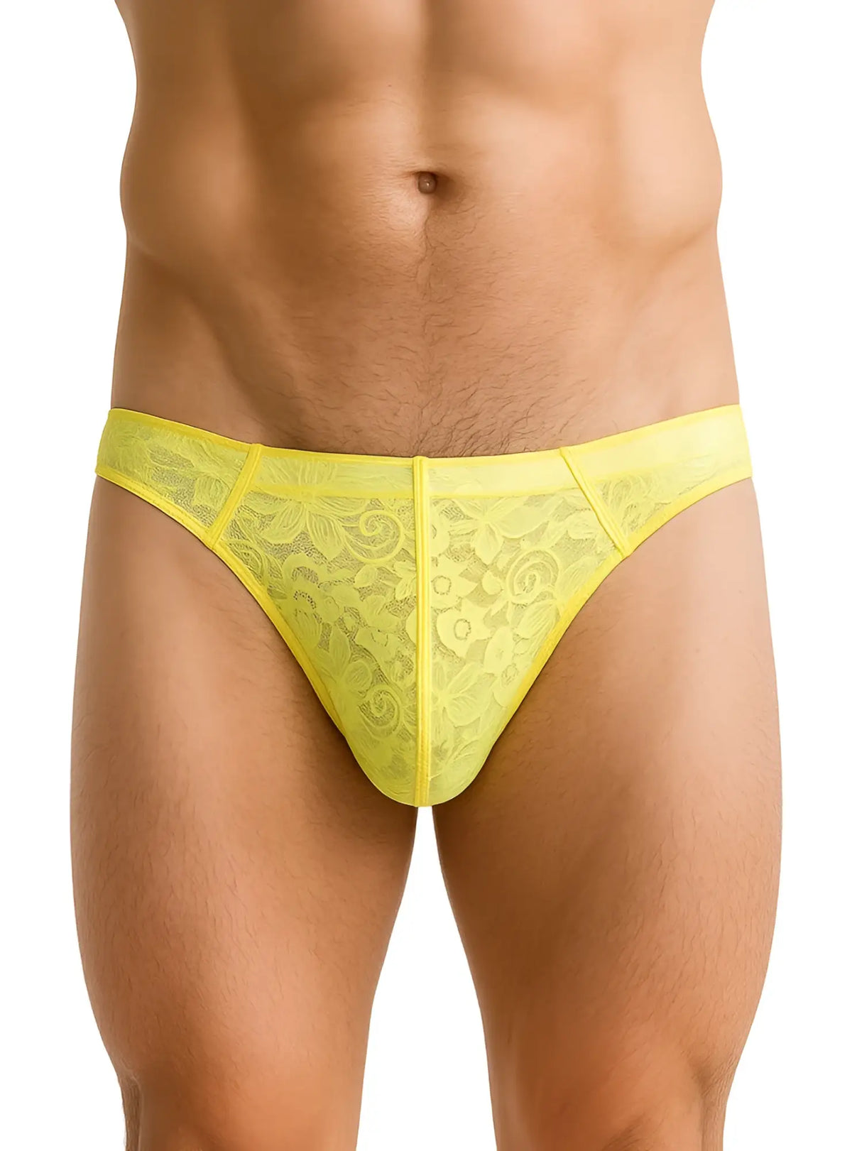Luxury lace thong in bright yellow with intricate floral patterns and sheer delicate fabric front view