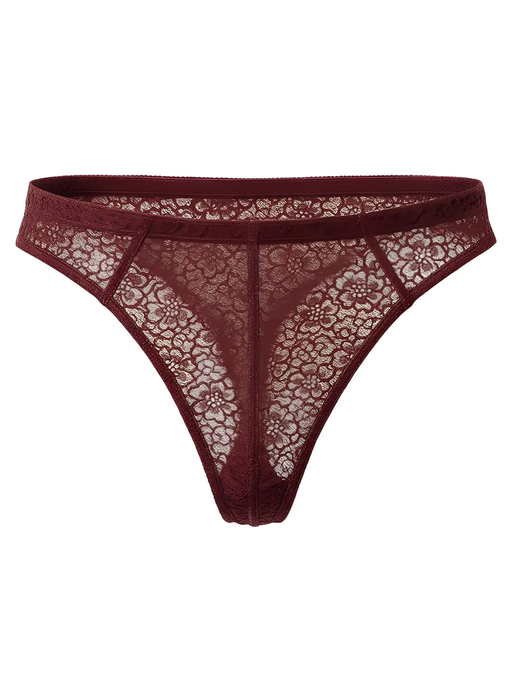 Luxury lace thong in maroon floral lace featuring a delicate intricate pattern and seamless construction