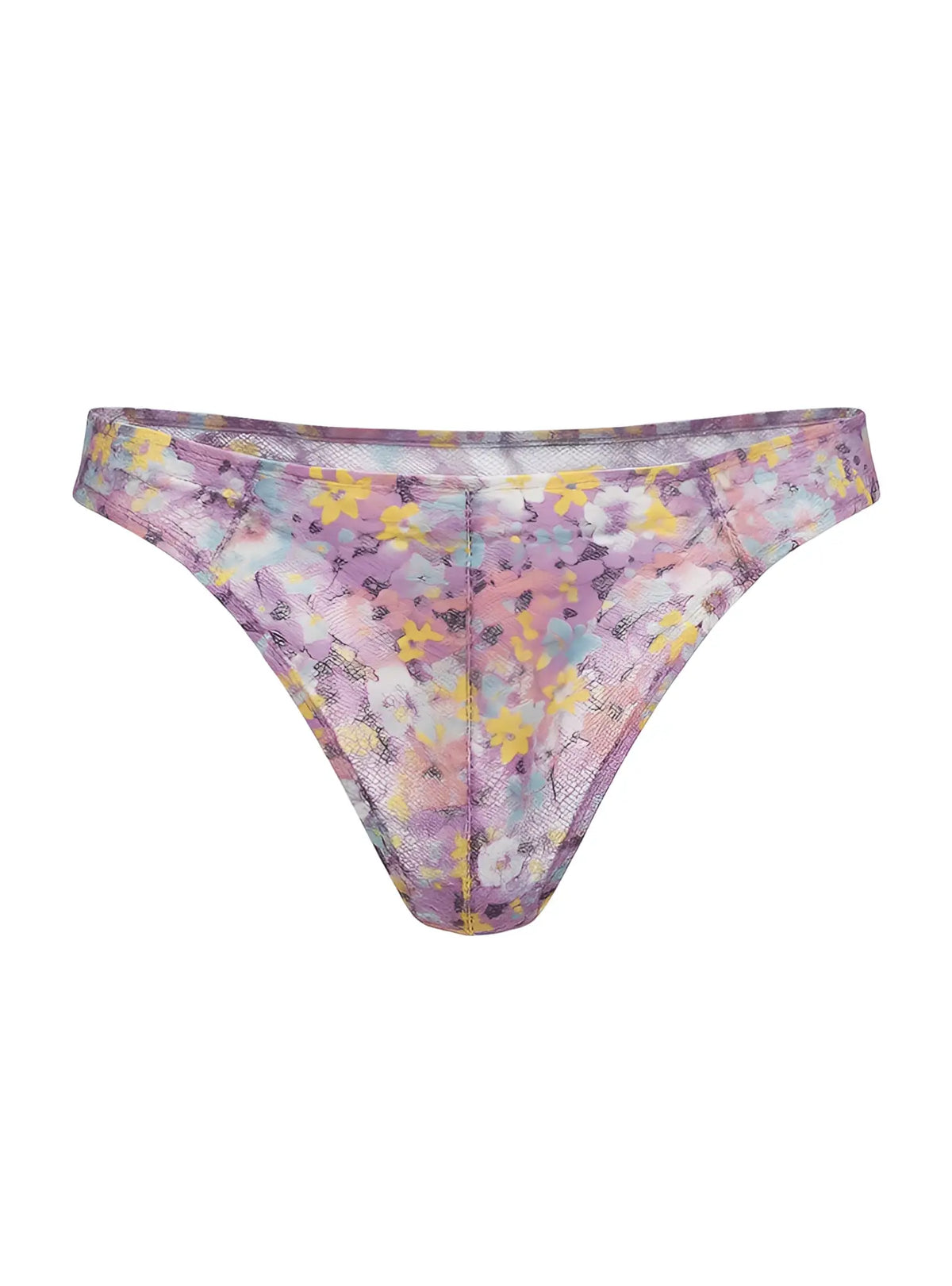 Luxury lace thong in sheer pastel mesh fabric with lavender and yellow floral patterns showing front side