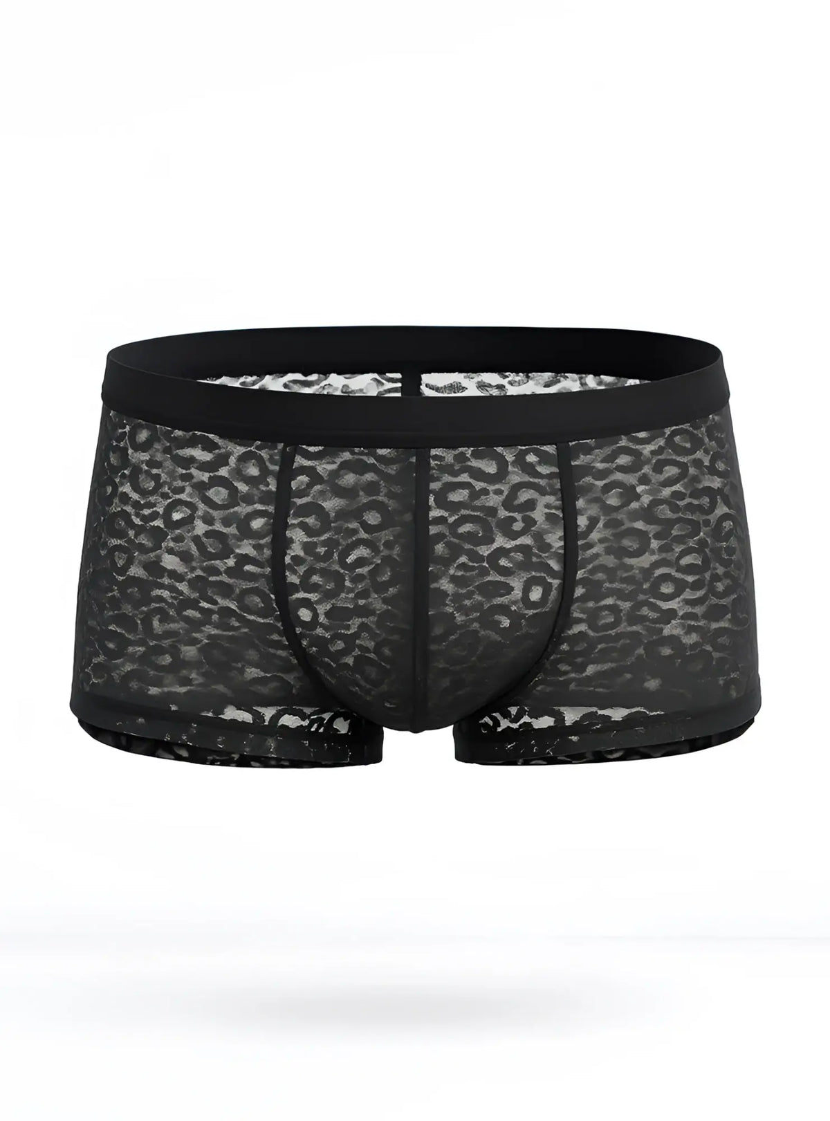 Black lace boxer briefs with subtle leopard print pattern in a luxury lace trunk design for stylish comfort