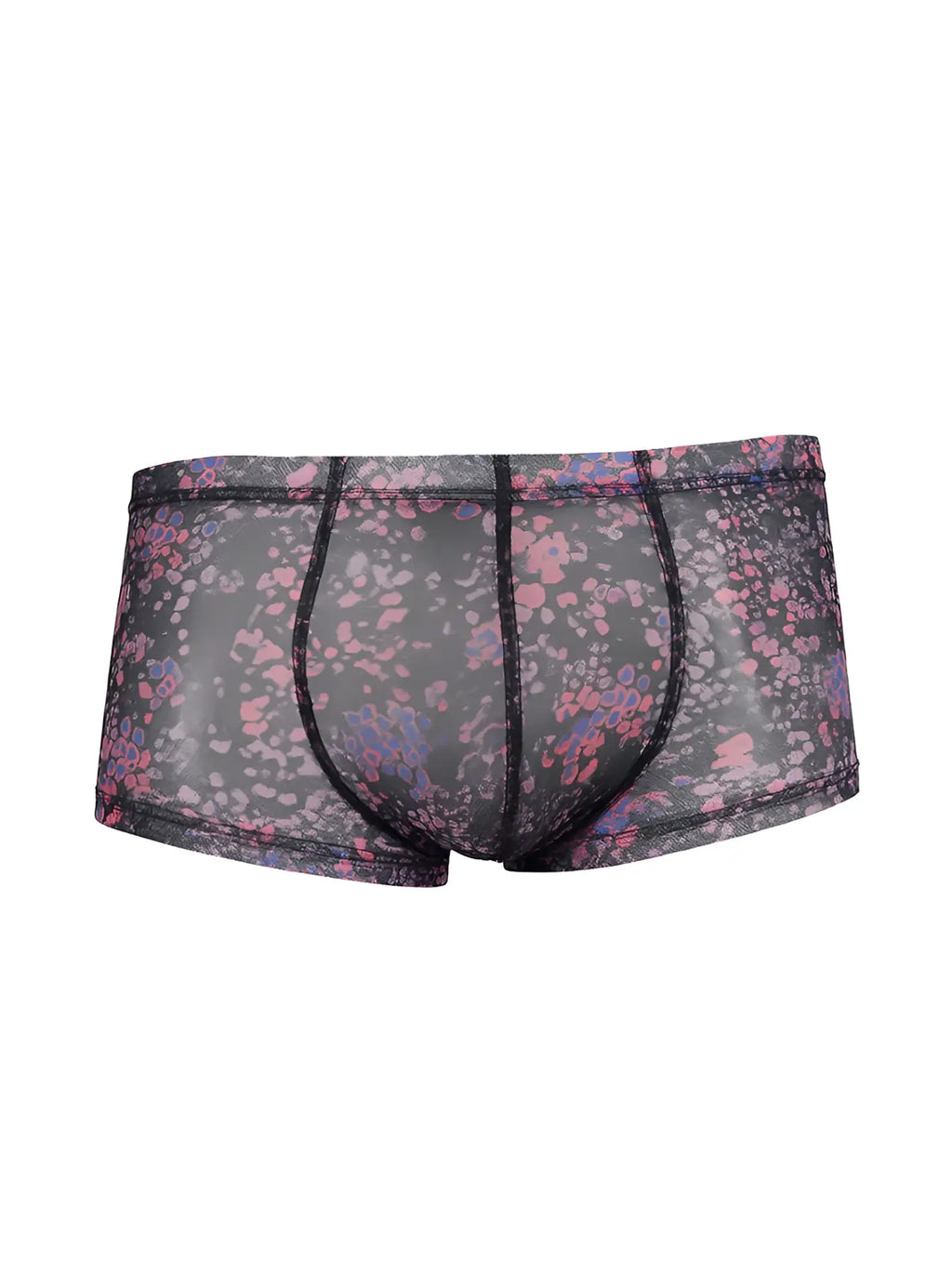 Luxury lace trunk black mesh briefs with delicate pink and purple floral pattern for elegant lingerie wear