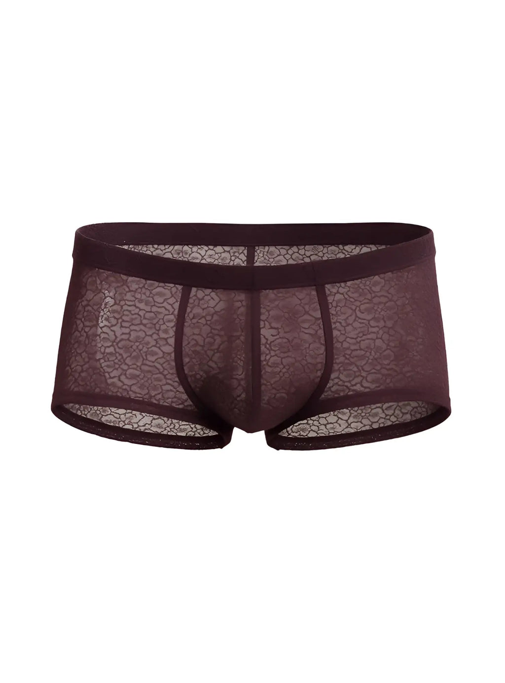 Luxury lace trunk menâ€™s underwear in dark burgundy with sheer floral lace mesh and solid elastic waistband