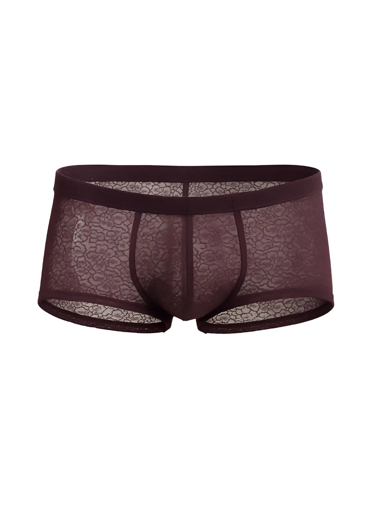 Luxury lace trunk menâ€™s underwear in dark burgundy with sheer floral lace mesh and solid elastic waistband