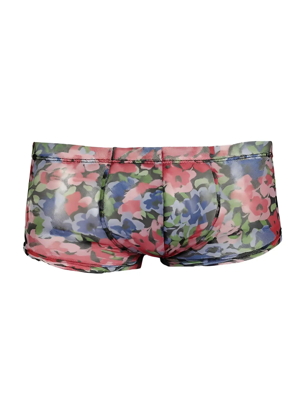 Luxury lace trunk floral-patterned menâ€™s briefs with glossy pink blue and green flowers on a dark background