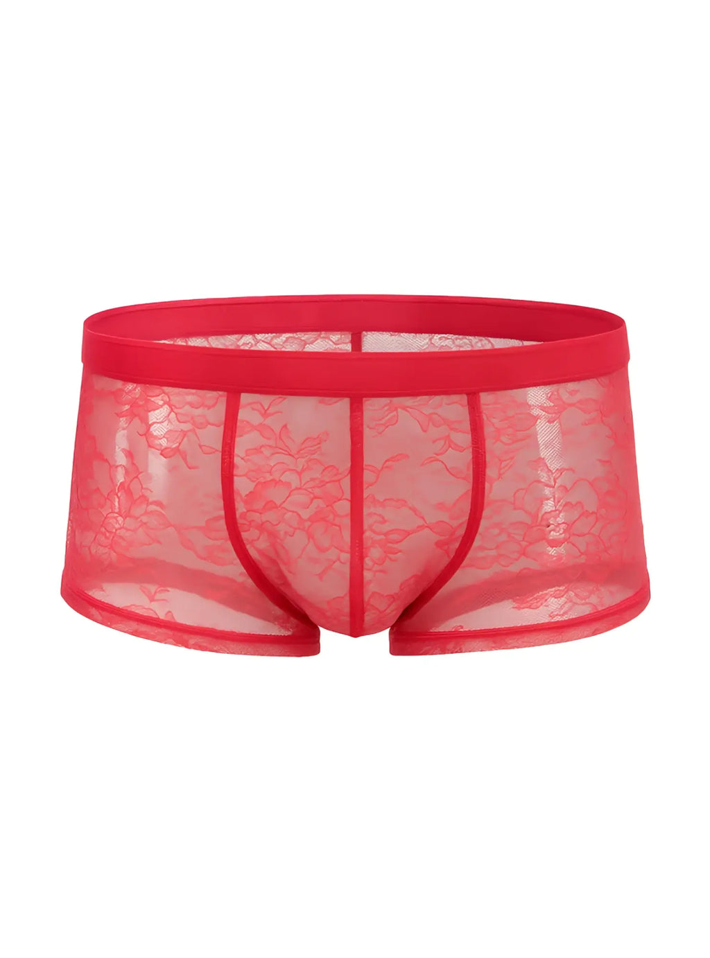 Luxury lace trunk red lace-trimmed menâ€™s briefs with sheer floral pattern and solid red waistband