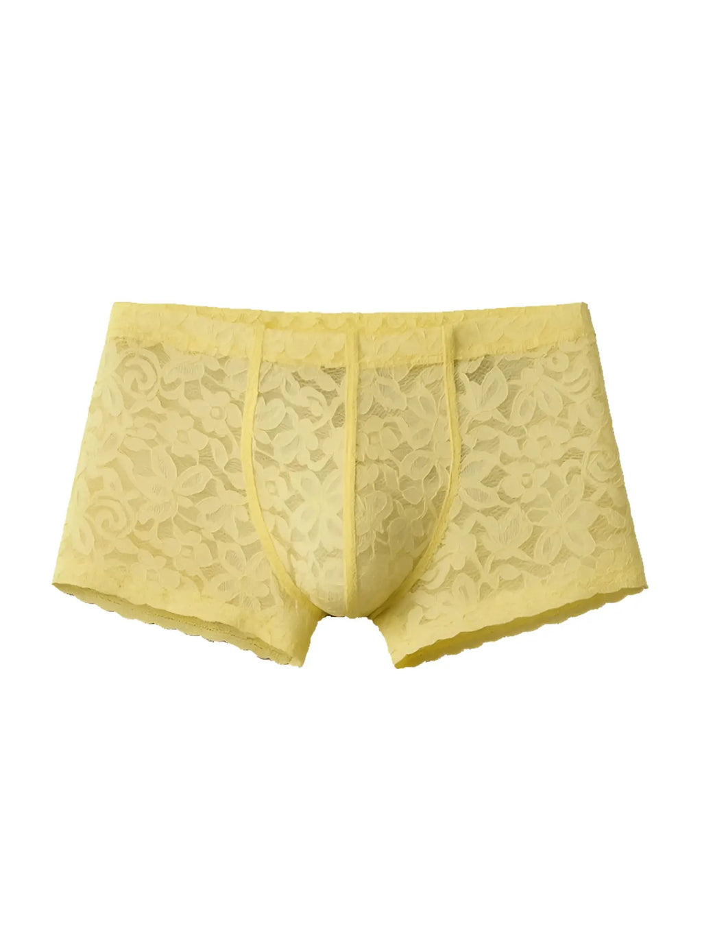Yellow lace menâ€™s briefs with floral pattern and elastic waistband luxury lace trunk style front view