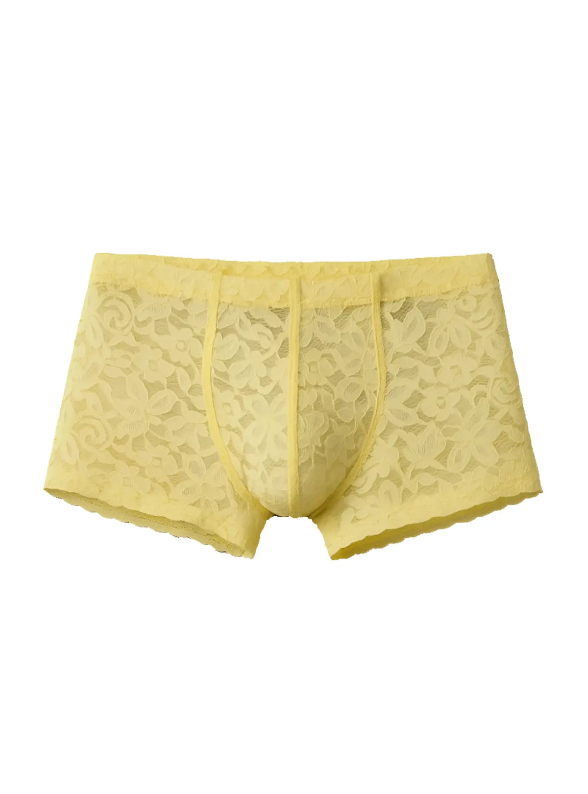Yellow lace menâ€™s briefs with floral pattern and elastic waistband luxury lace trunk style front view