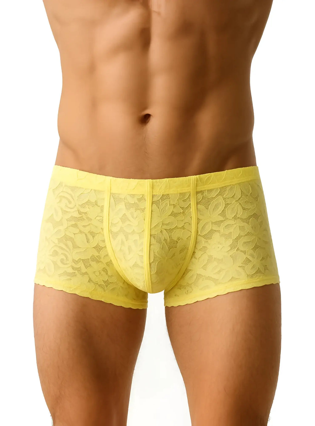 Yellow lace menâ€™s briefs with floral pattern and elastic waistband luxury lace trunk front view