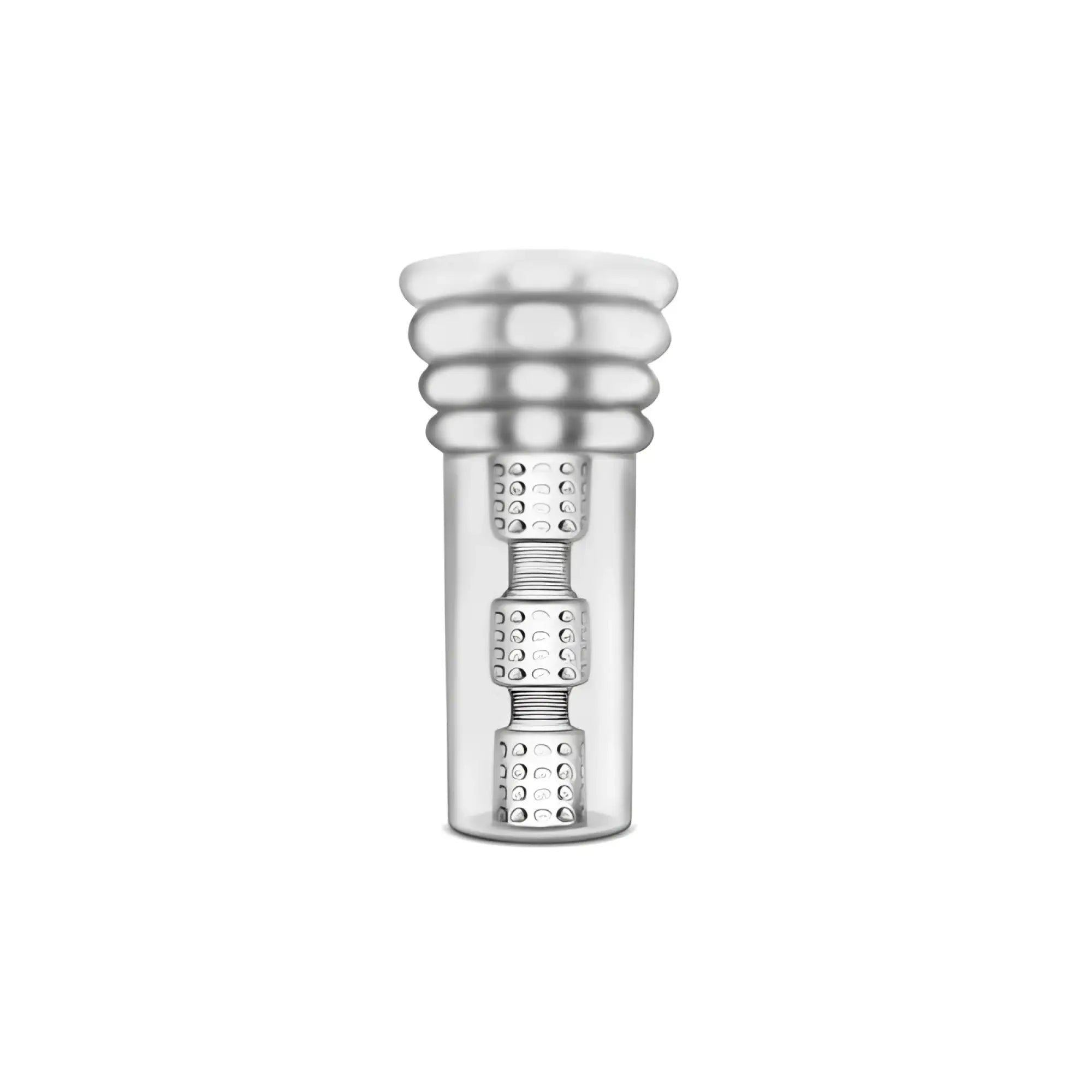 Clear glass cylindrical container of m for men all in clear with three stacked textured metallic segments and ribbed cap
