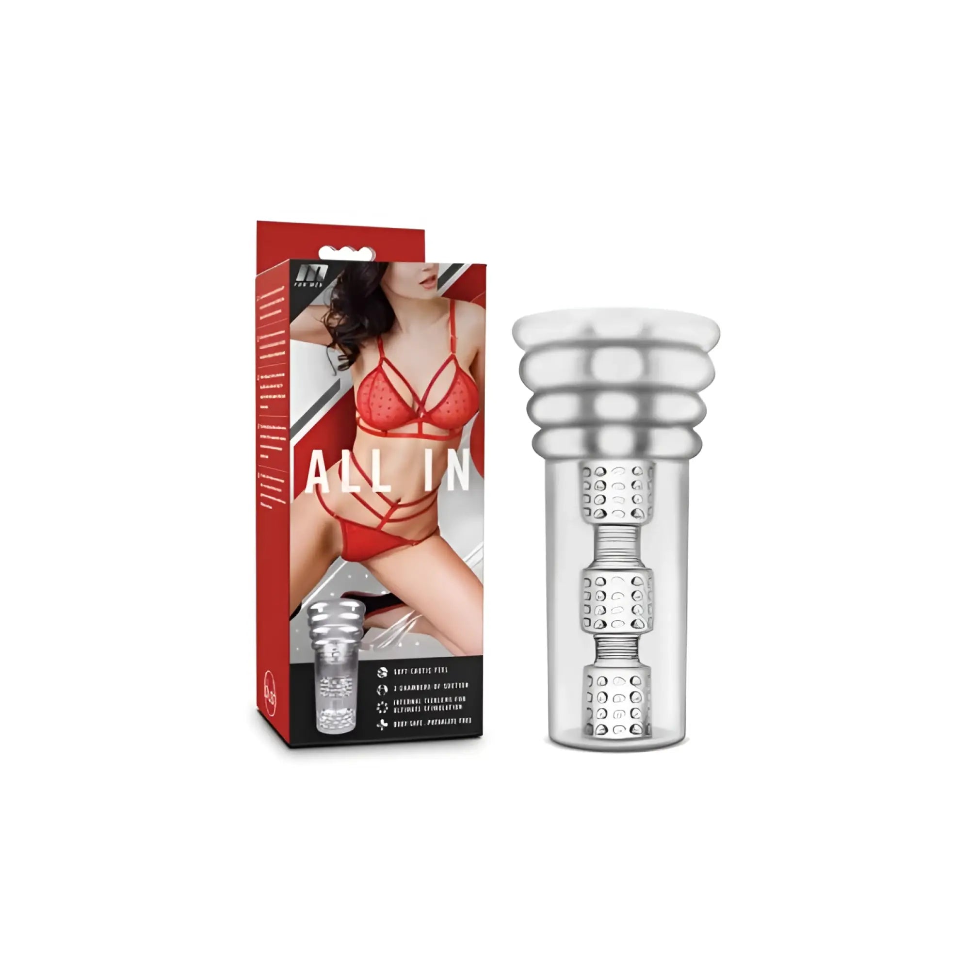 Clear transparent silicone toy with textured segmented design and silver metallic accents from M for Men All In Clear