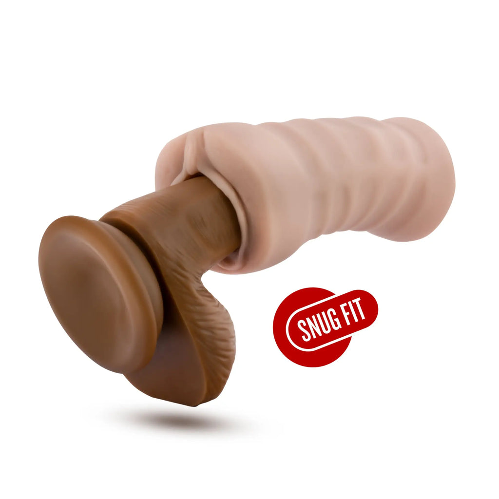 Beige and brown silicone dildo with textured grip and rounded base by m for men featuring snug fit branding