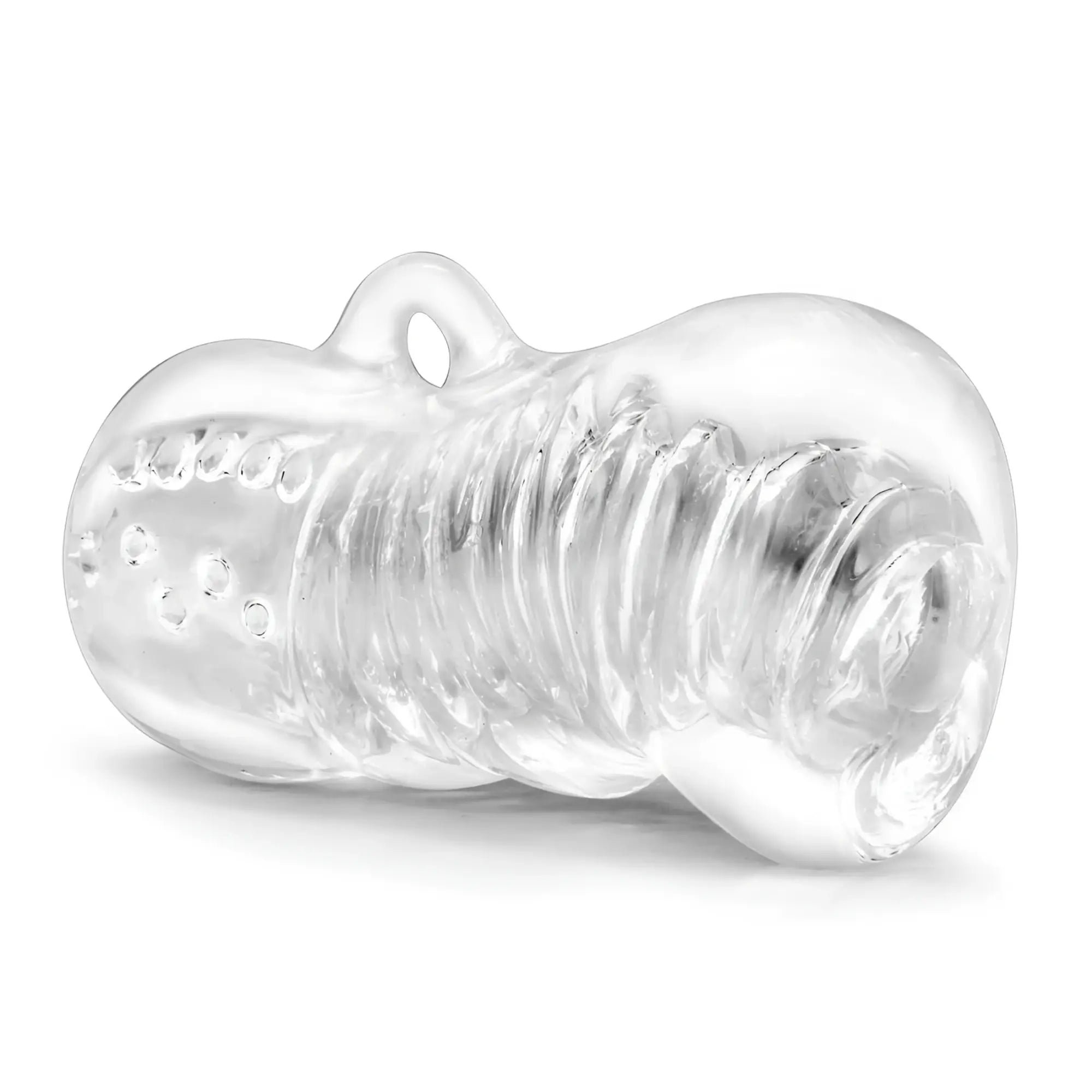 Clear silicone m for men hand tool toy shaped like a screw with textured ridges and small circular indentations