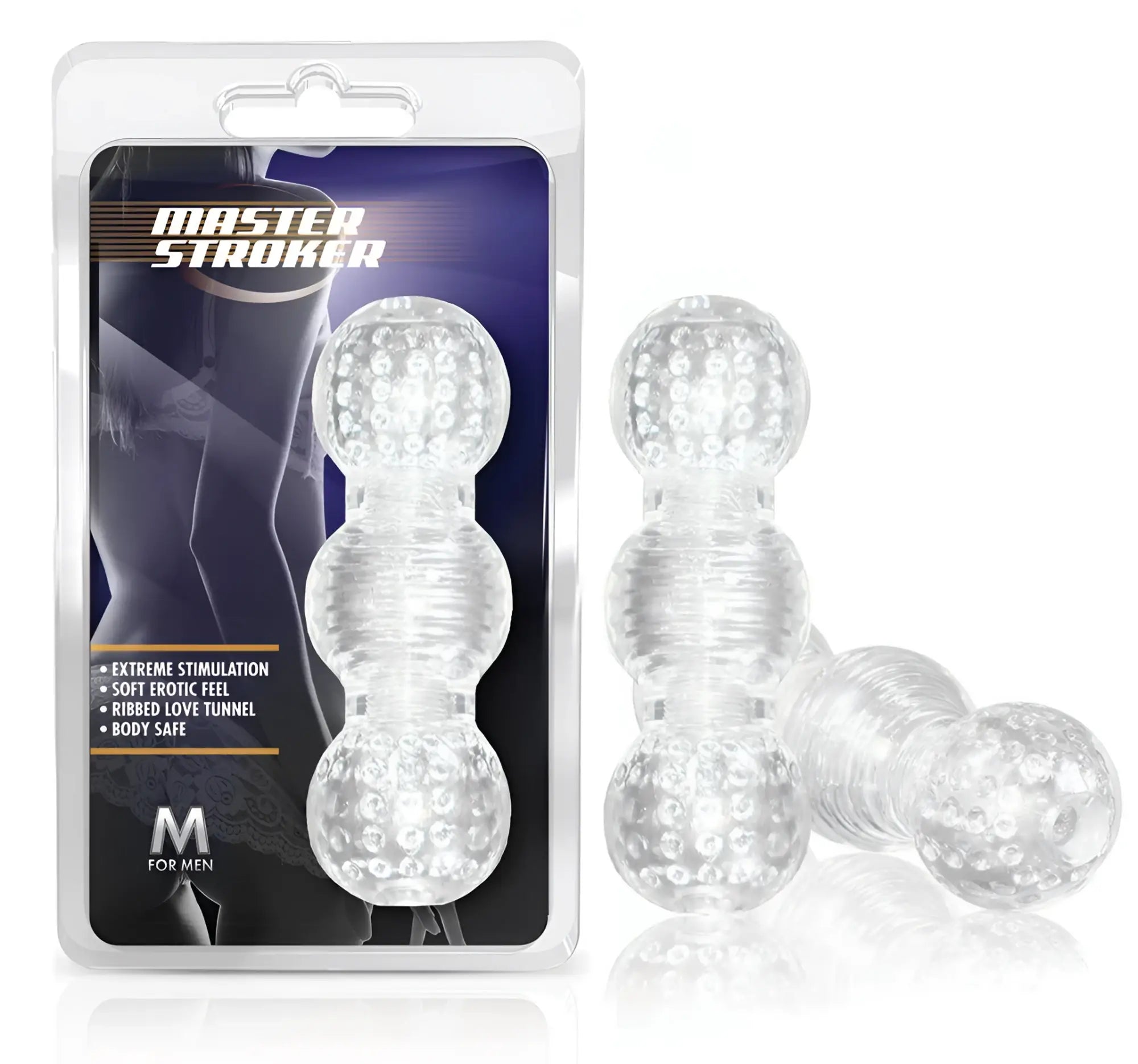 M for men master stroker clear transparent plastic male masturbator with three segmented textured spheres