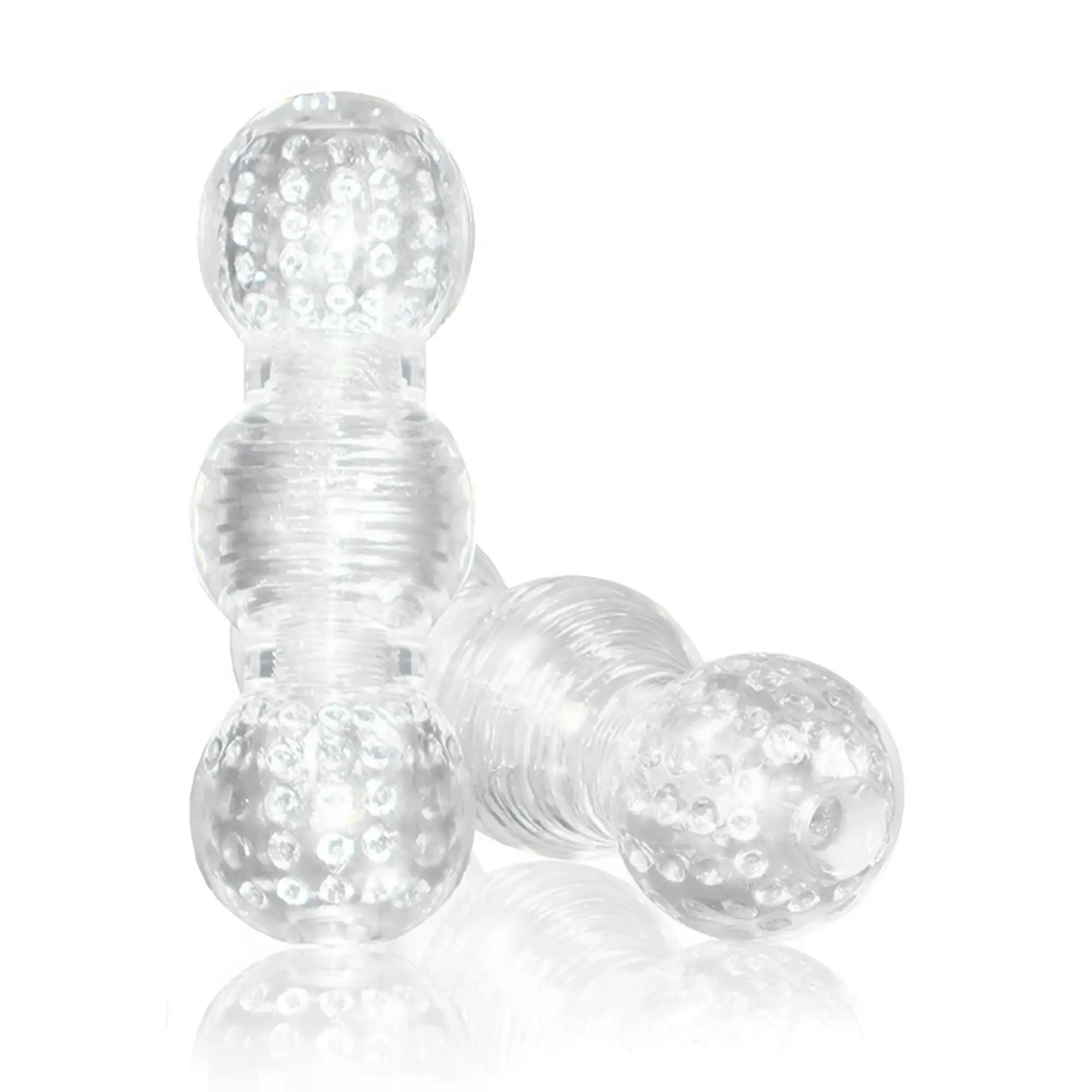 Clear transparent silicone stroker toy with textured bubble spheres and ribbed sections from m for men master stroker clear