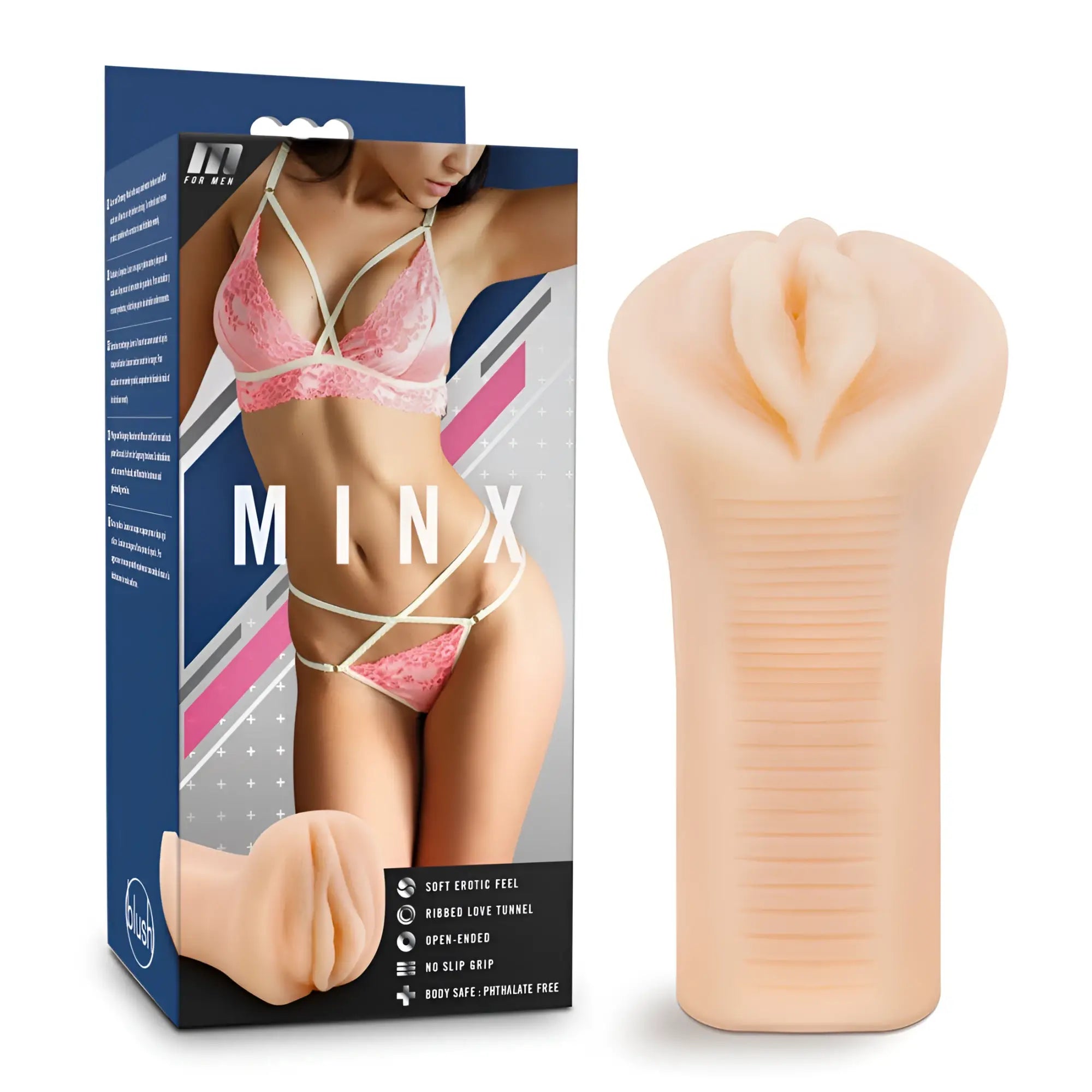 Peach-colored silicone ribbed open-ended toy designed for men from m for men minx beige collection