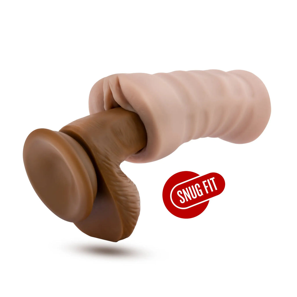 Beige and brown silicone dildo with textured ribbed shaft and rounded base from m for men rain vanilla collection