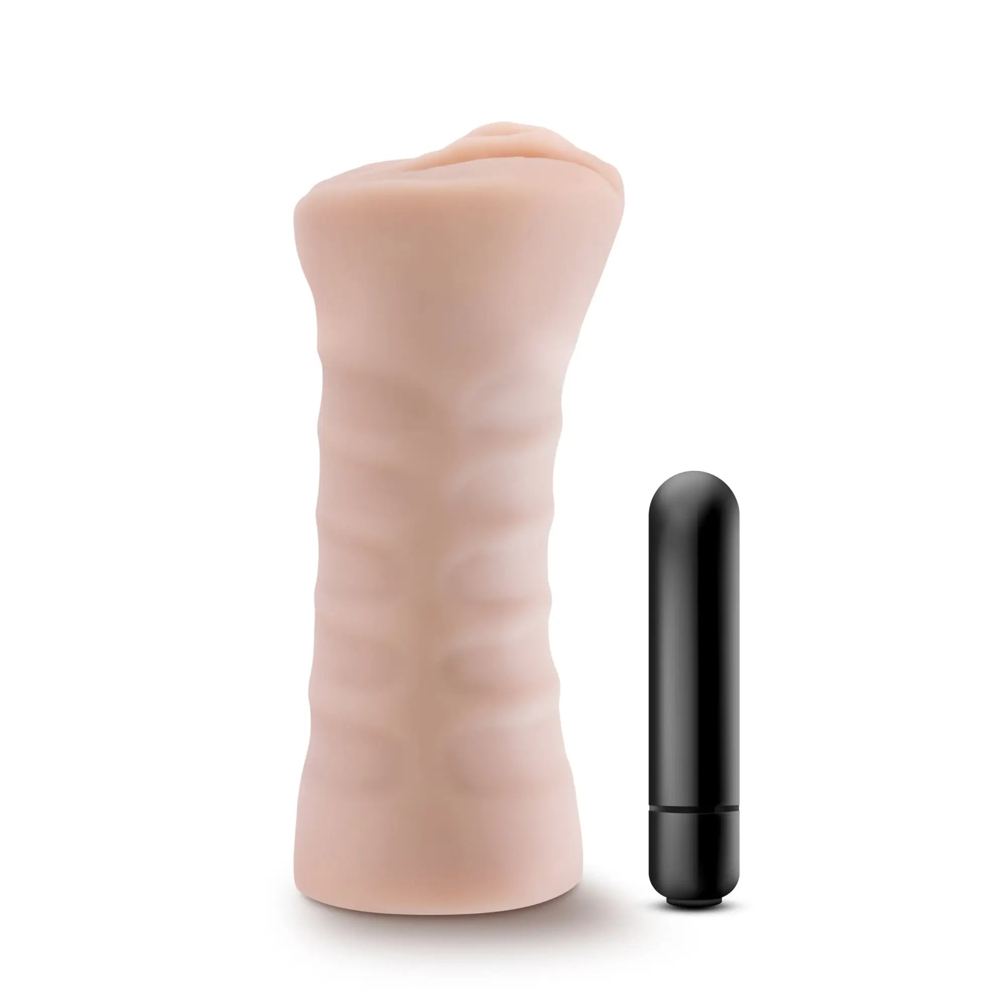 Beige silicone ribbed dildo with black cylindrical remote control from M for Men Rain Vanilla collection