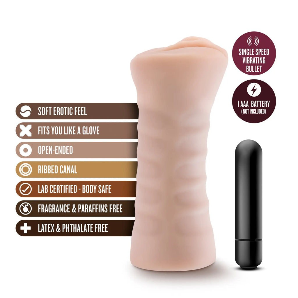 Pink silicone vibrating bullet with ribbed texture and open-ended design from M for Men Rain Vanilla collection