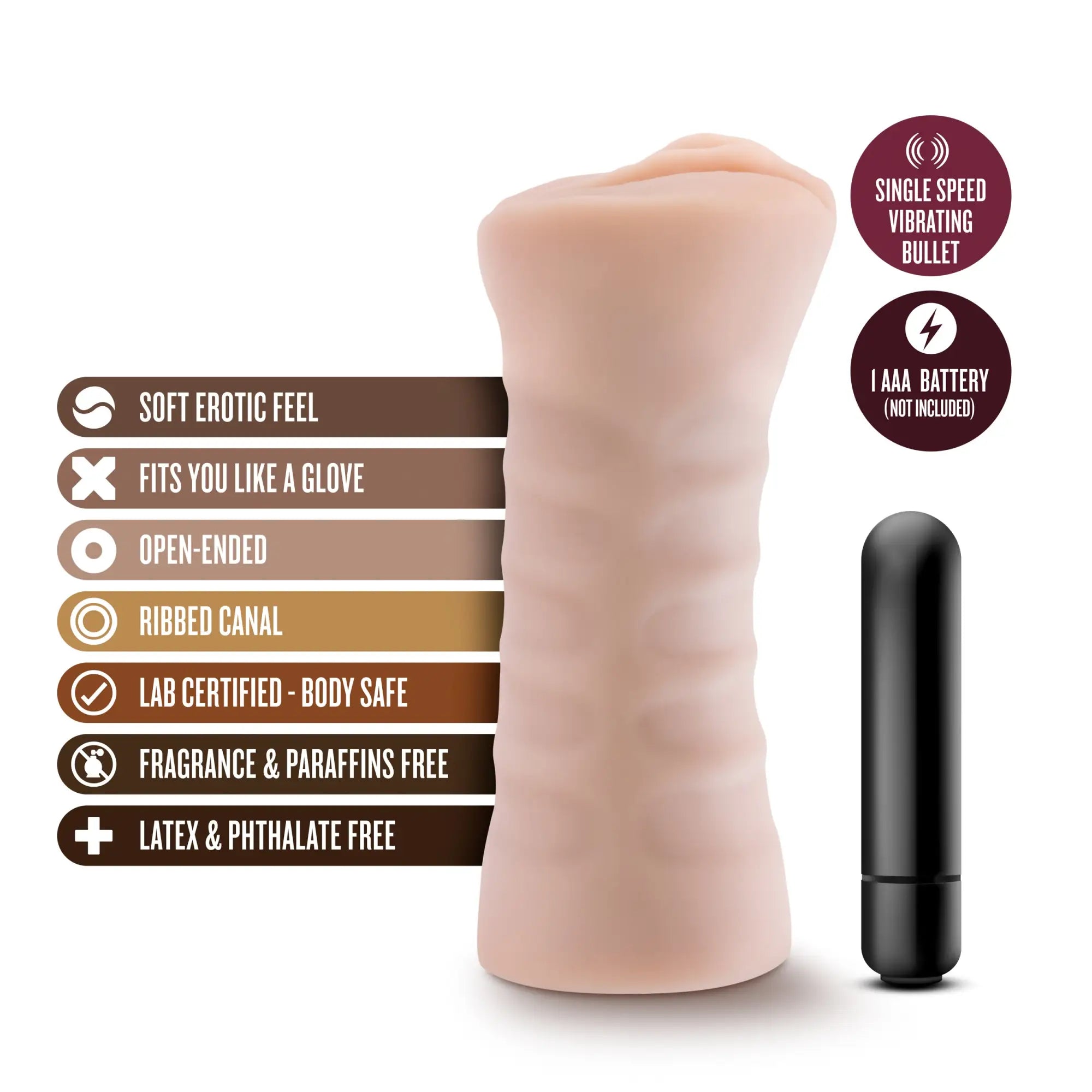 Pink silicone vibrating bullet with ribbed texture and open-ended design from M for Men Rain Vanilla collection