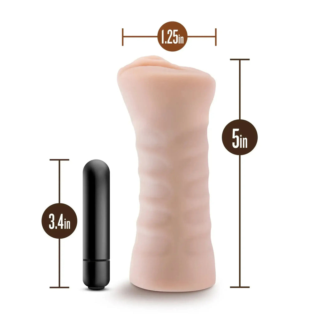 Beige silicone dildo with textured surface and black remote control from m for men rain vanilla collection