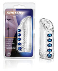 Clear crystal-clear plastic cock ring with five blue pleasure pearls and ribbed texture branded as snatch for men