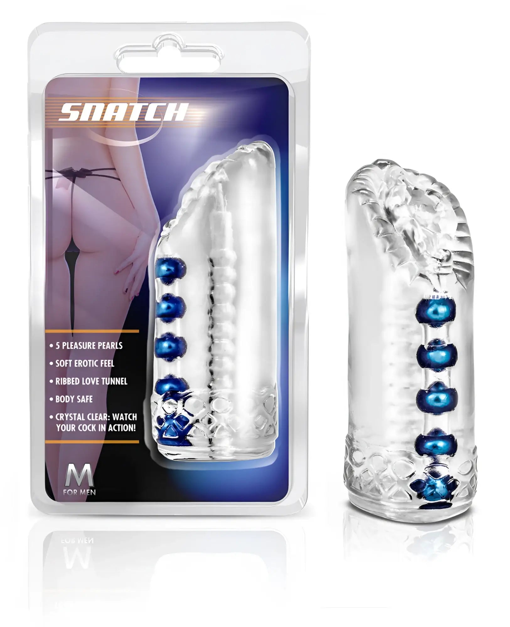 Clear crystal-clear plastic cock ring with five blue pleasure pearls and ribbed texture branded as snatch for men