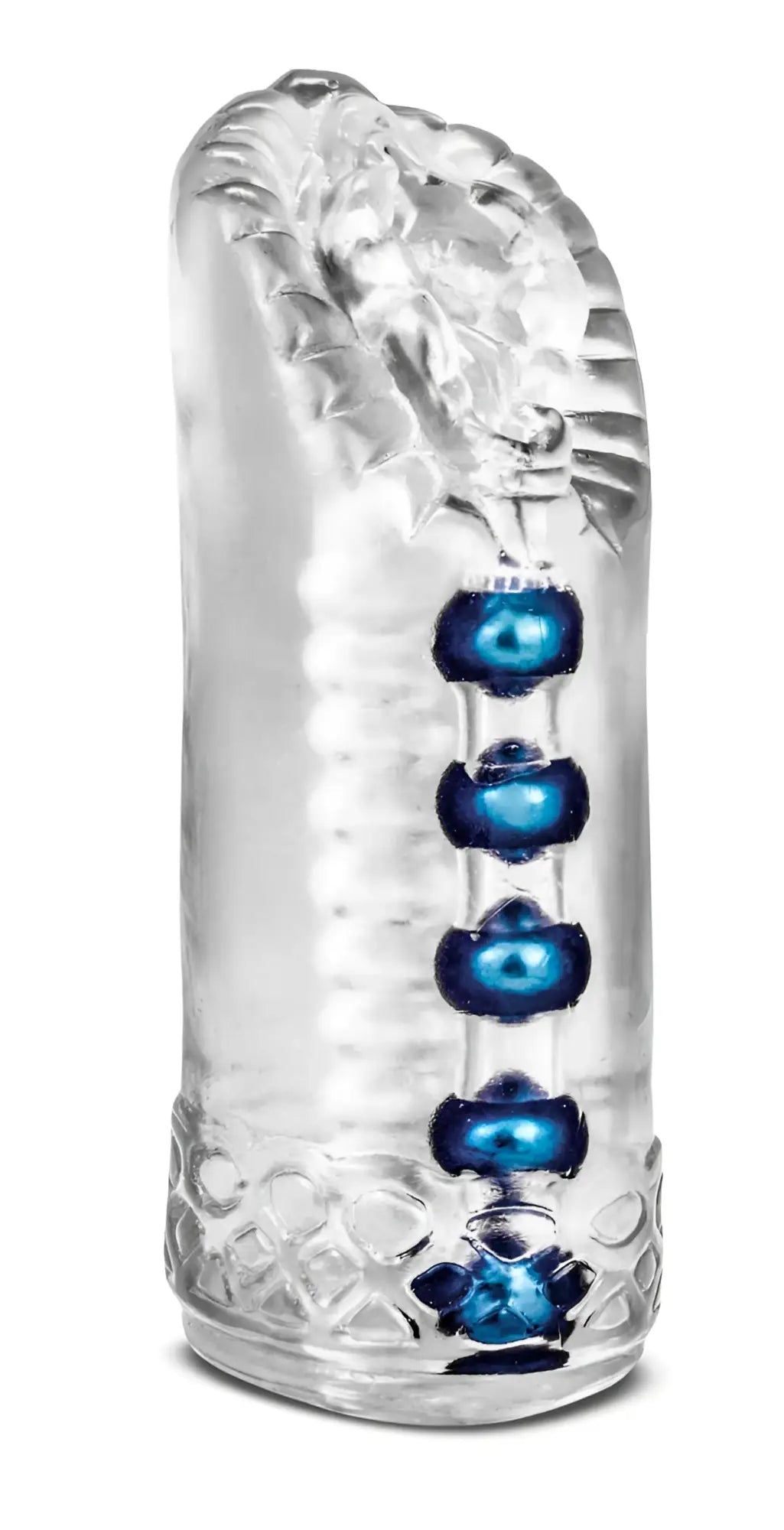 M for Men Snatch Clear silicone cock ring with five blue spherical beads aligned vertically along its length