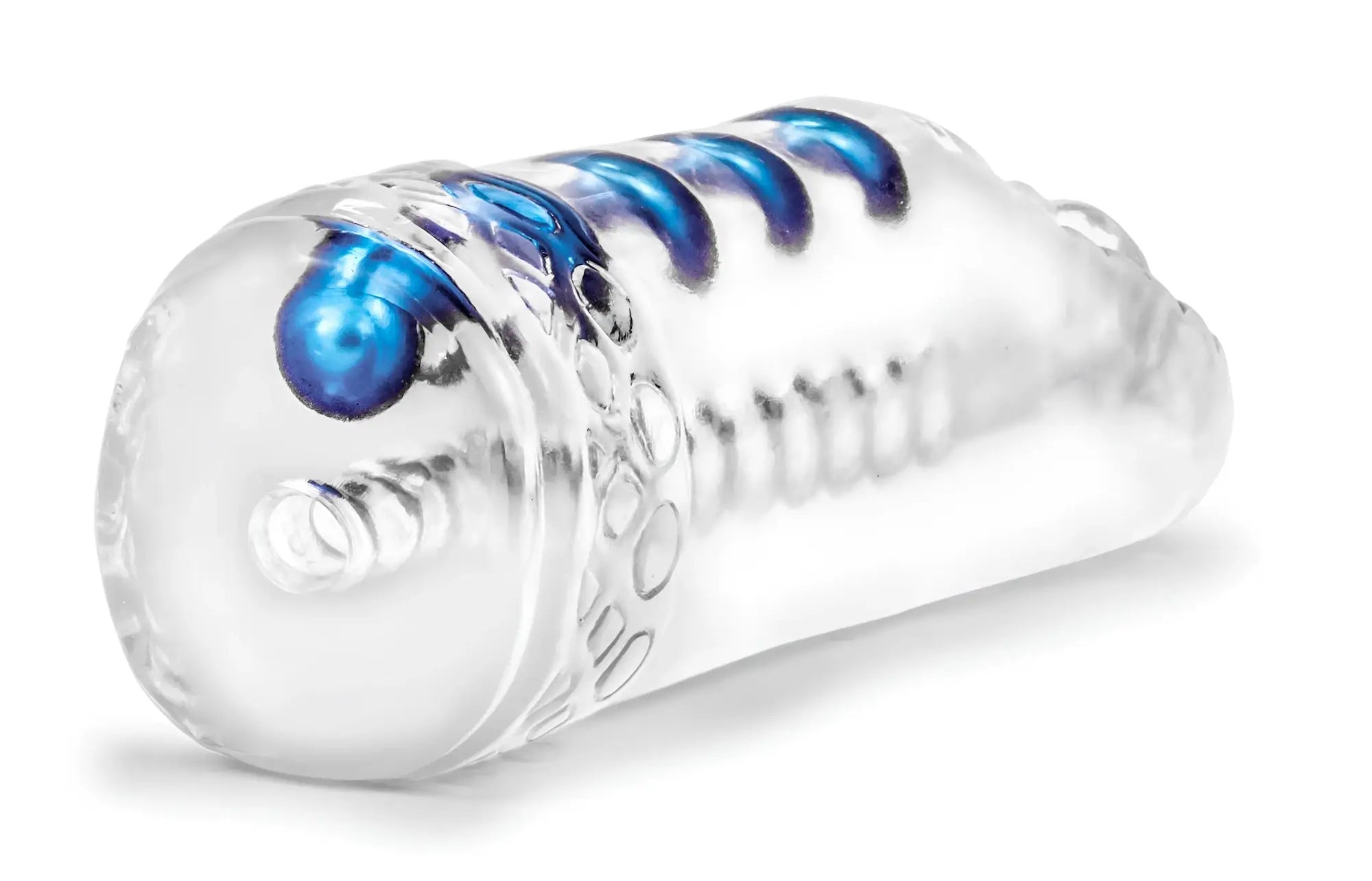 M for Men Snatch clear silicone toy with blue spherical beads and coiled spring design for men pleasure