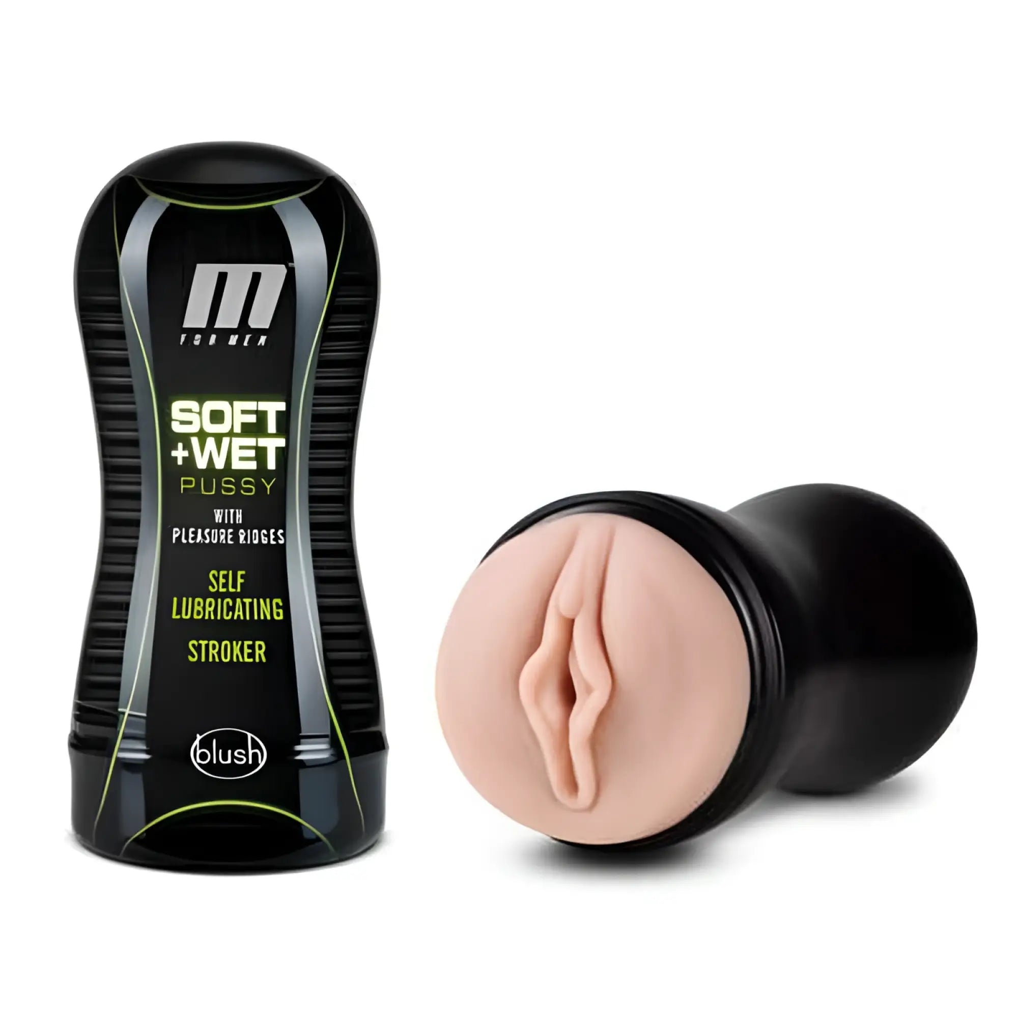 Black and green plastic soft and wet stroker cup by m for men with self-lubricating feature for male use