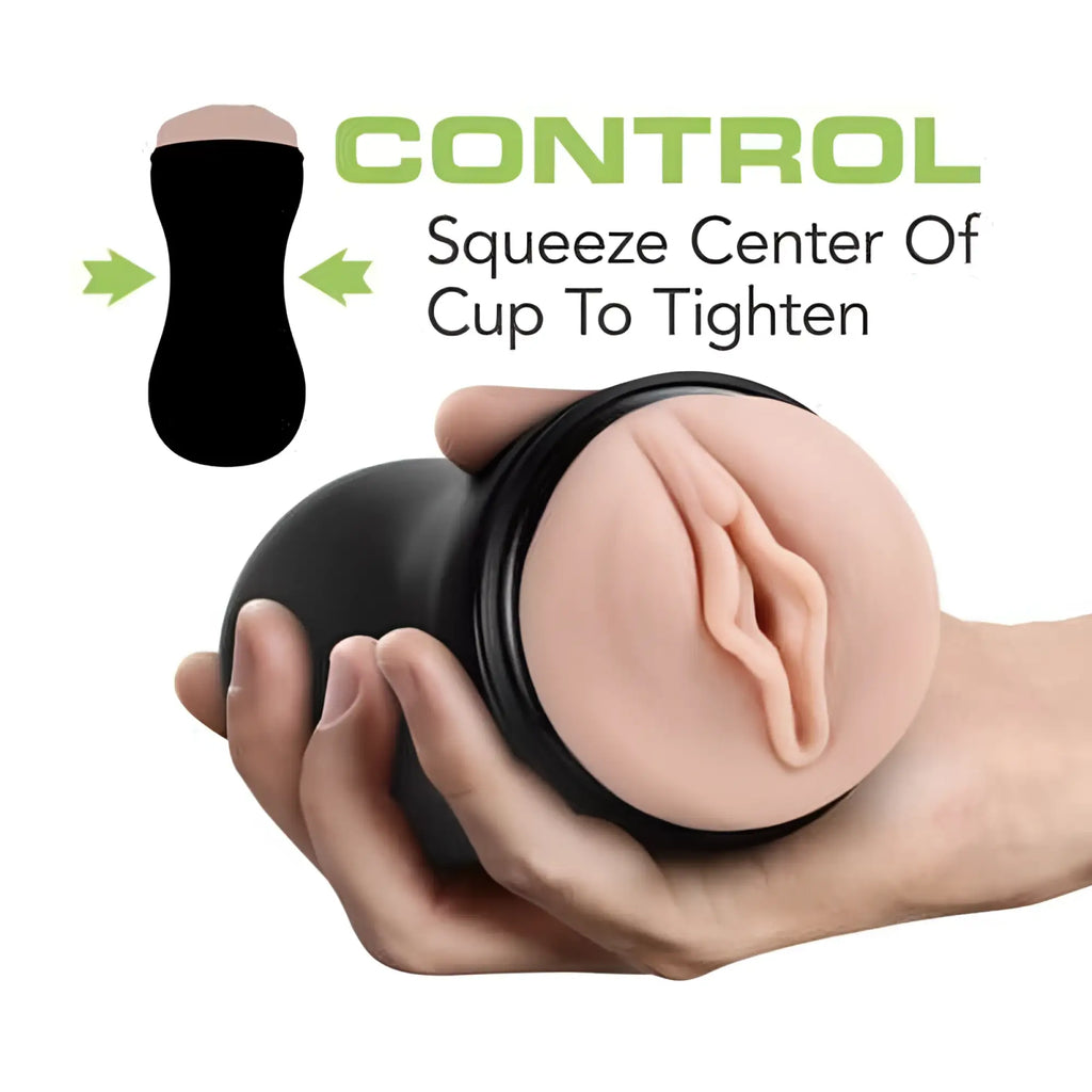 Black silicone M for Men soft and wet stroker cup with realistic pink vaginal opening and adjustable tightness control