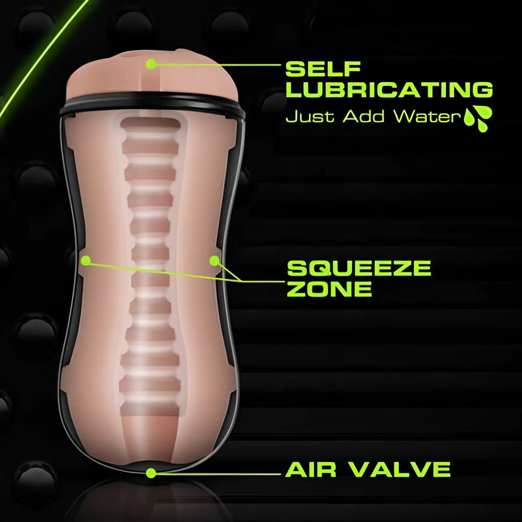 Pink self-lubricating silicone stroker cup by m for men with black rim air valve and squeeze zone for adjustable stimulation