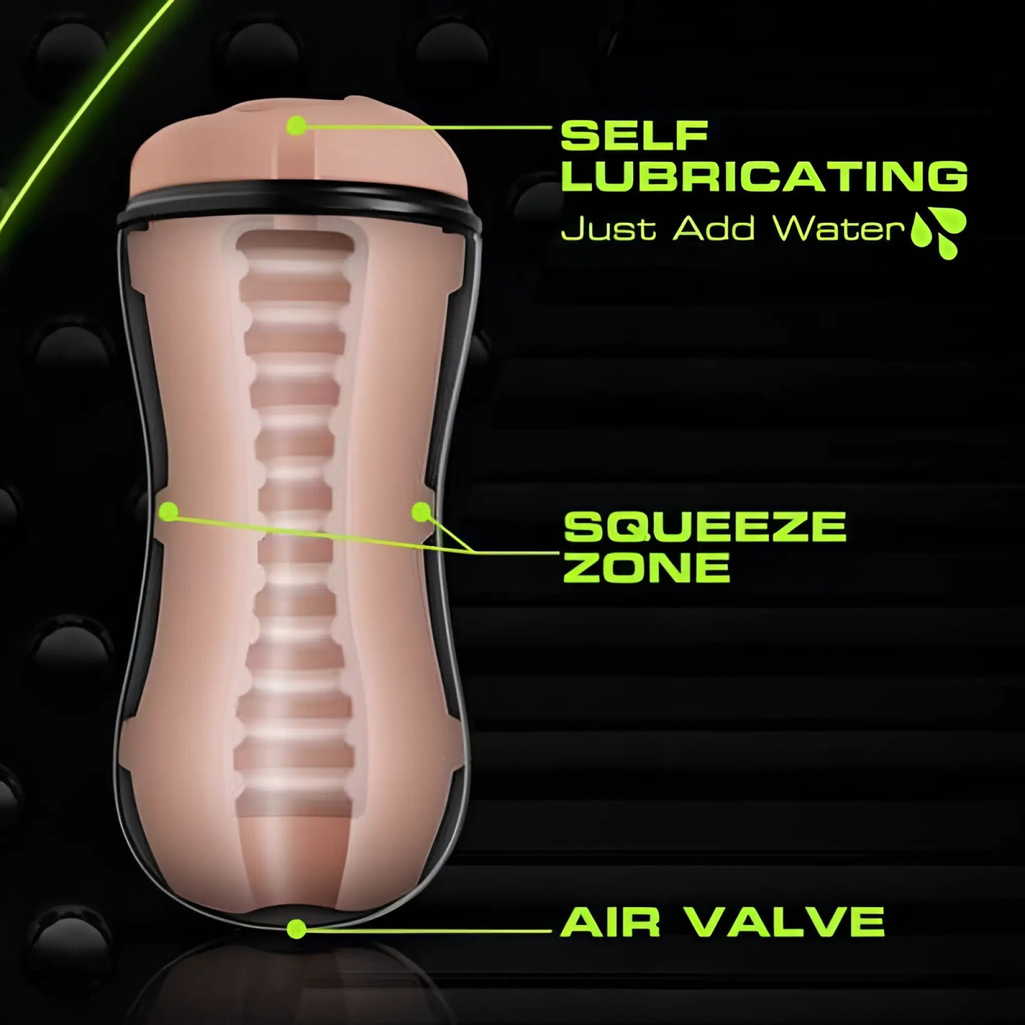 Pink self-lubricating silicone stroker cup by m for men with black rim air valve and squeeze zone for adjustable stimulation