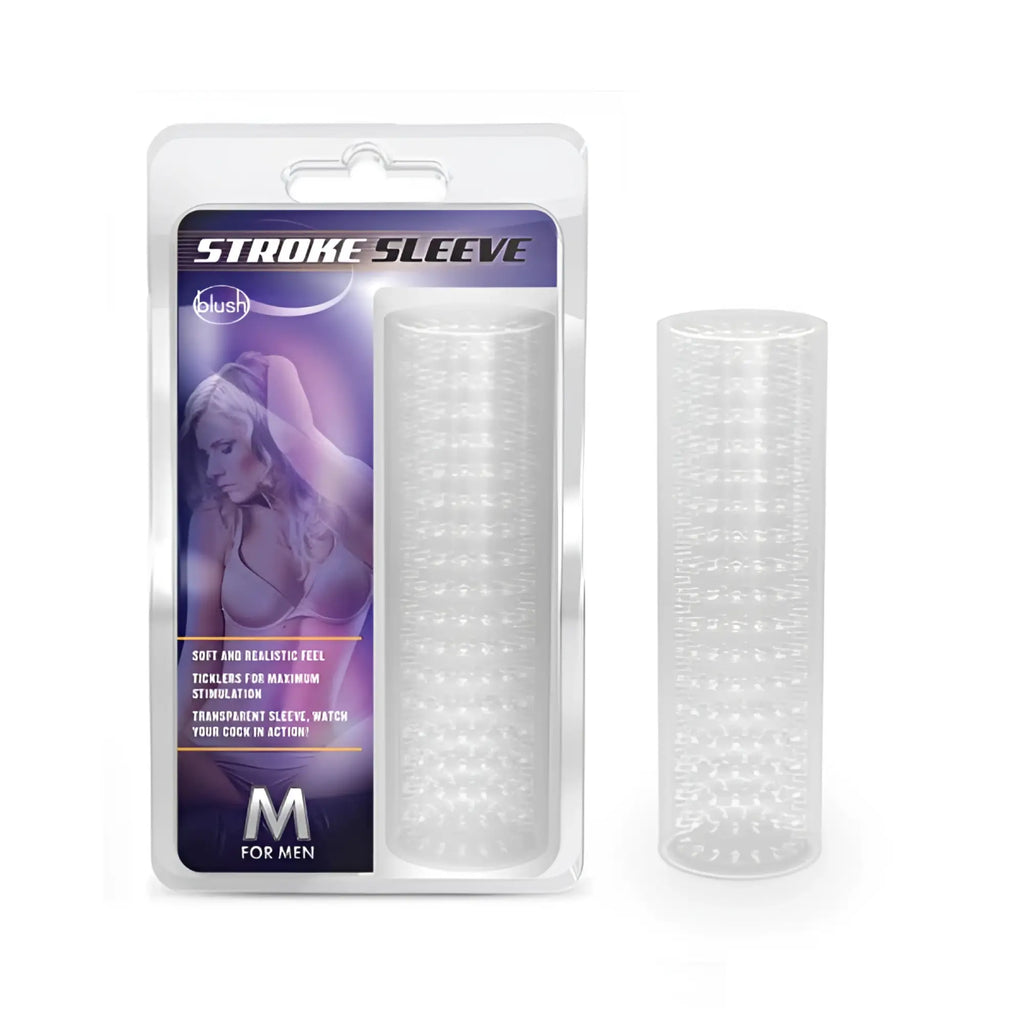 M for men stroke sleeve clear is a transparent plastic sleeve with a textured dotted surface for enhanced sensation