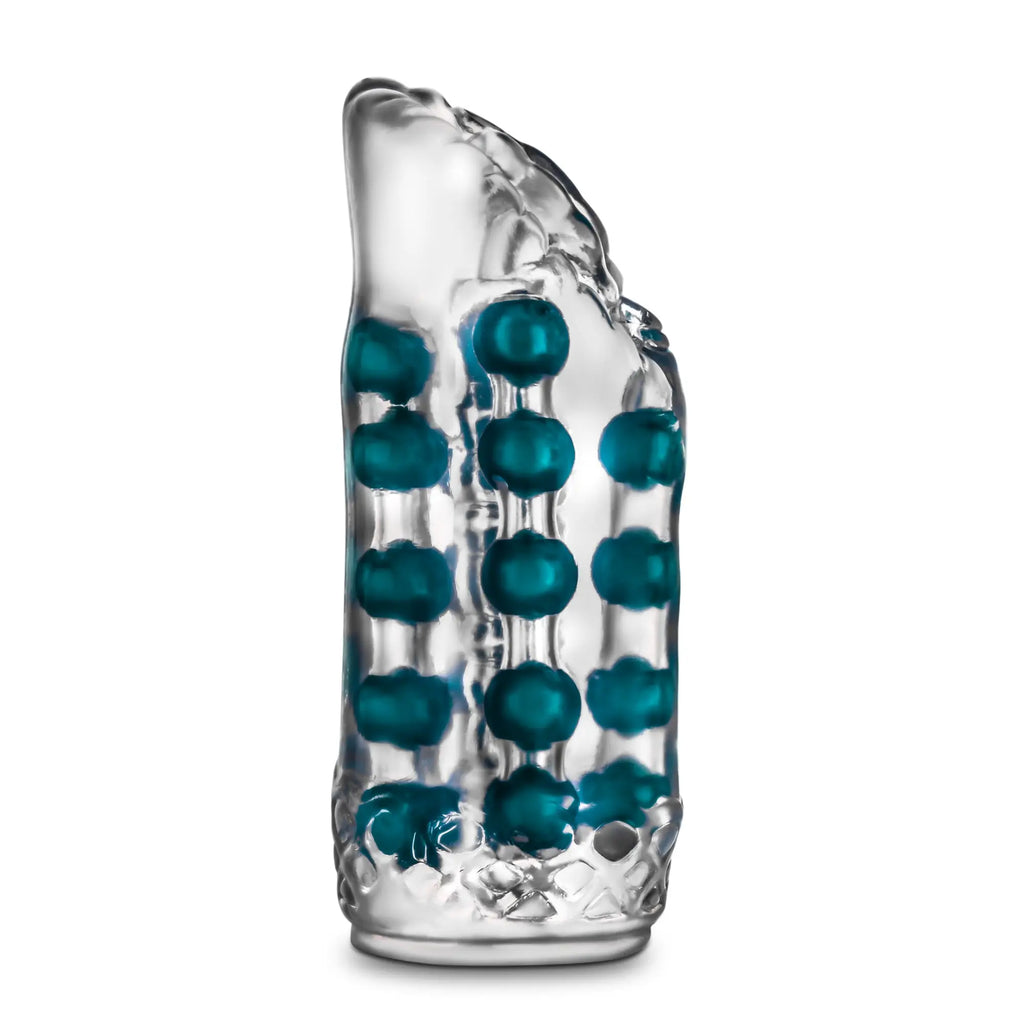 Clear glass foot-shaped massager with embedded teal jade beads from m for men super stroker clear collection