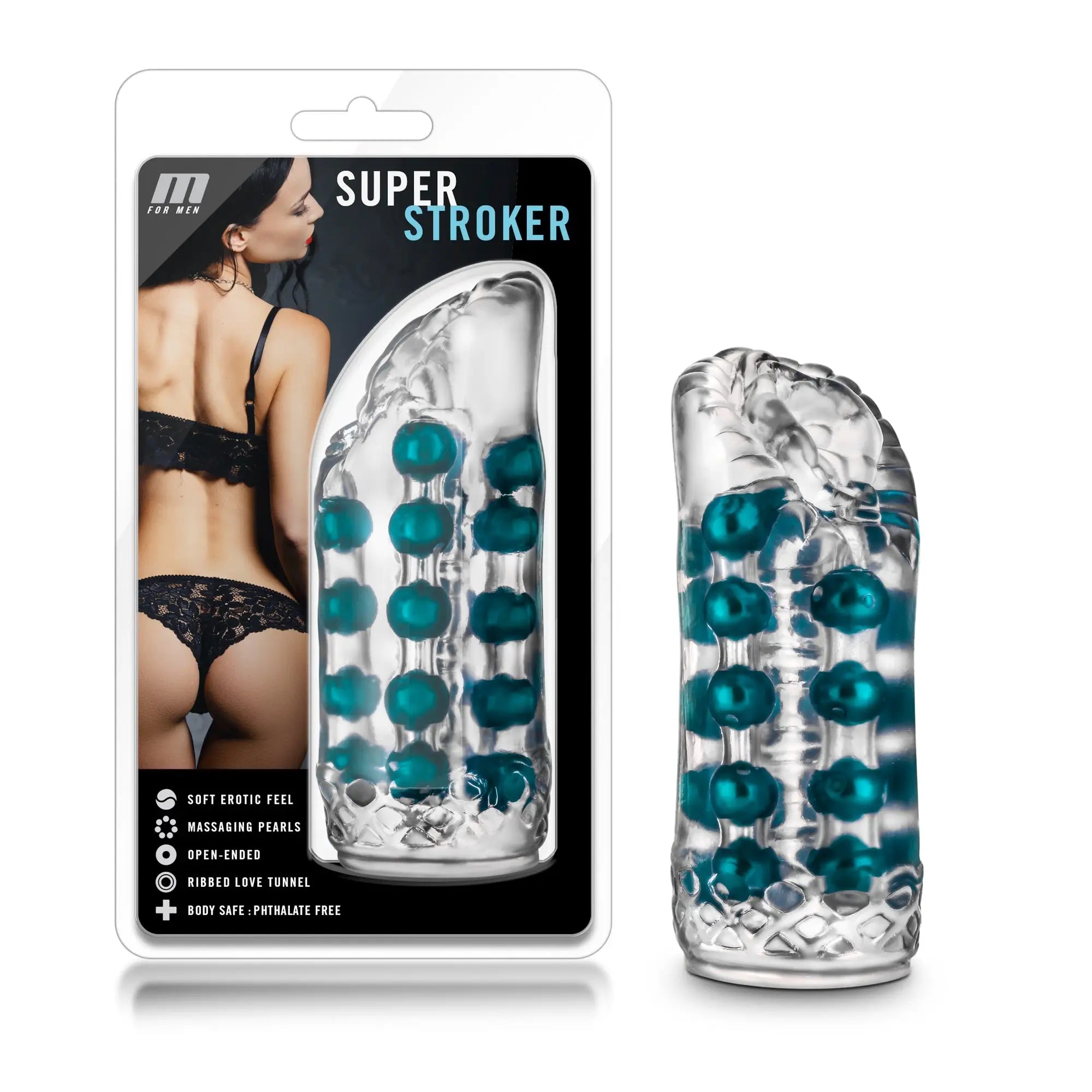 Clear silicone m for men super stroker with teal massaging pearls and ribbed design in branded retail packaging
